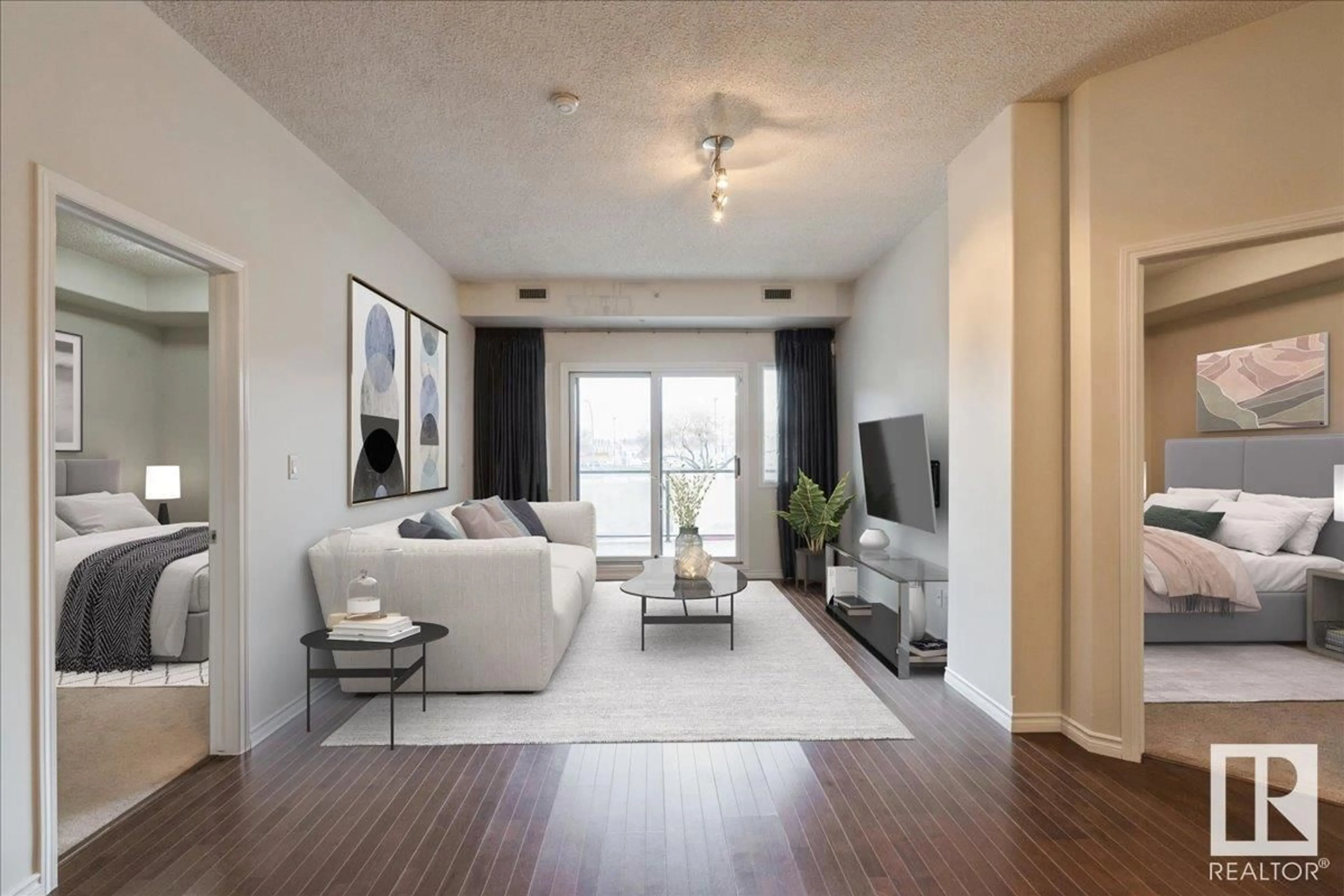 Living room with furniture, wood/laminate floor for #103 - 9707 106 ST, Edmonton Alberta T5K0B7