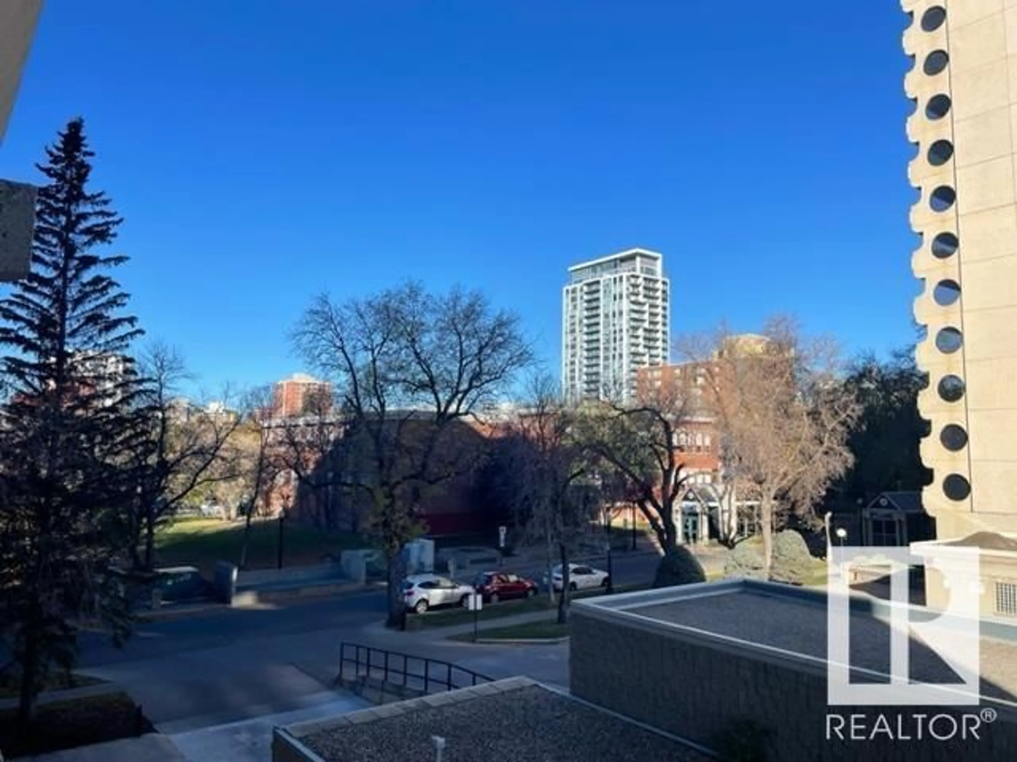 A pic from outside/outdoor area/front of a property/back of a property/a pic from drone, city buildings view from balcony for #301 - 9809 110 ST NW, Edmonton Alberta T5K2J9