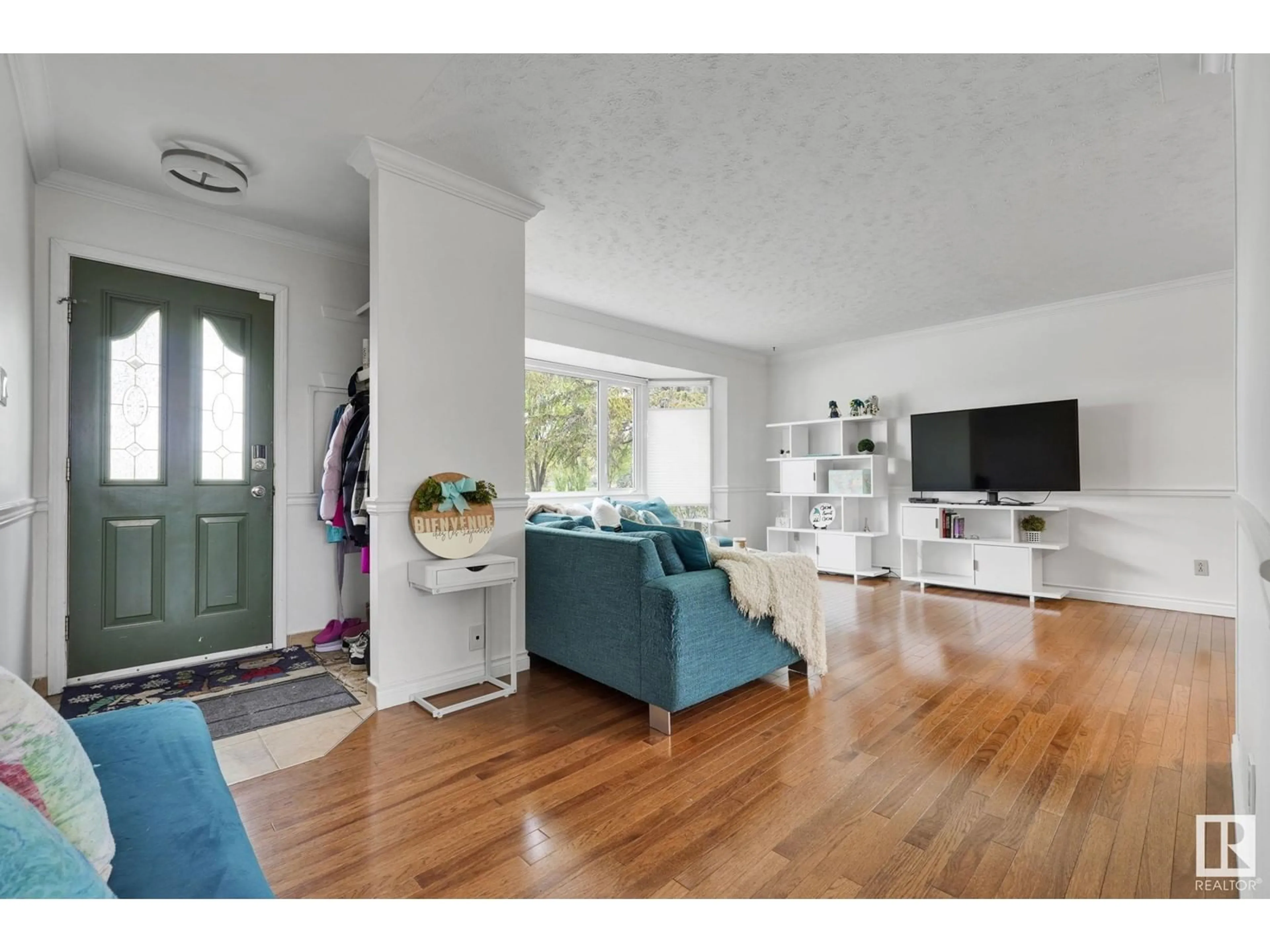 Living room with furniture, wood/laminate floor for NW - 16009 92 AV, Edmonton Alberta T5R5C7