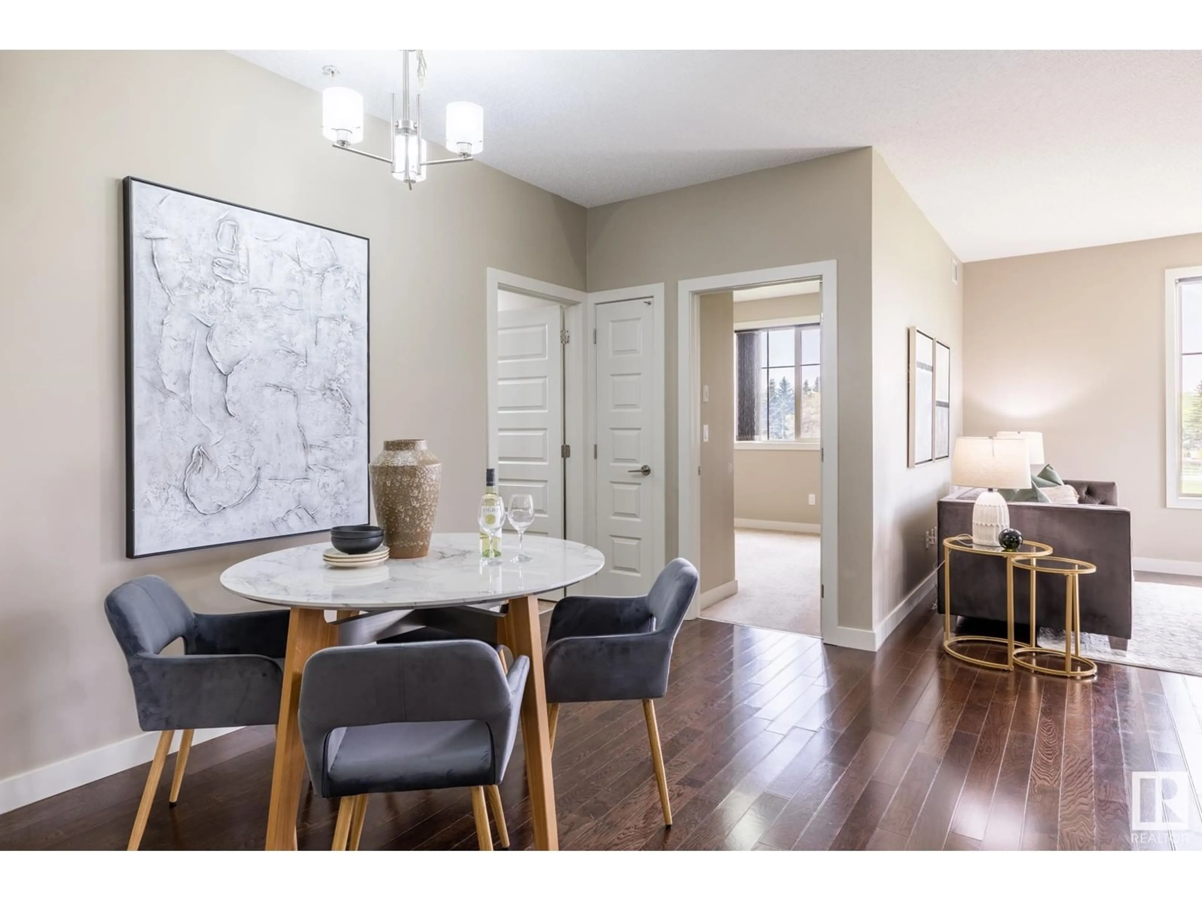 Dining room, wood/laminate floor for #308 - 10530 56 AV, Edmonton Alberta T6H0X7