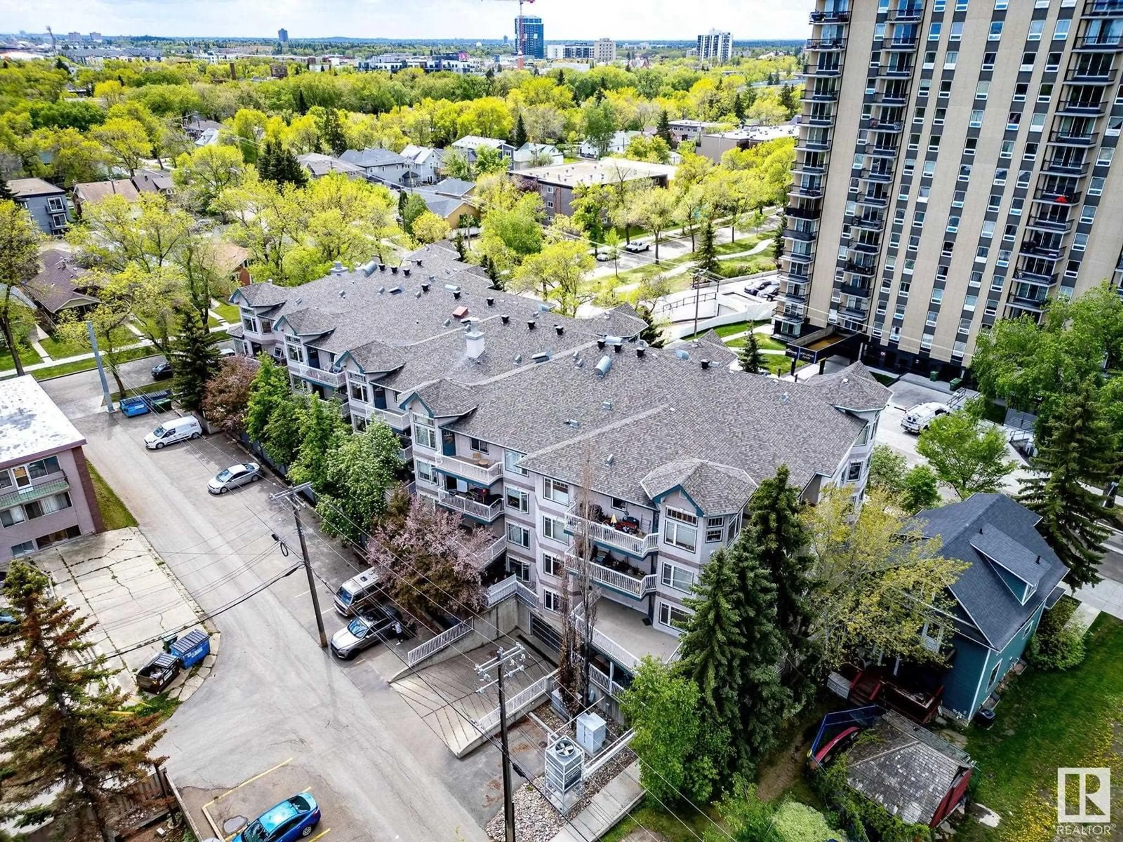 A pic from outside/outdoor area/front of a property/back of a property/a pic from drone, city buildings view from balcony for 406 - 8909 100 ST NW, Edmonton Alberta T6E6T4