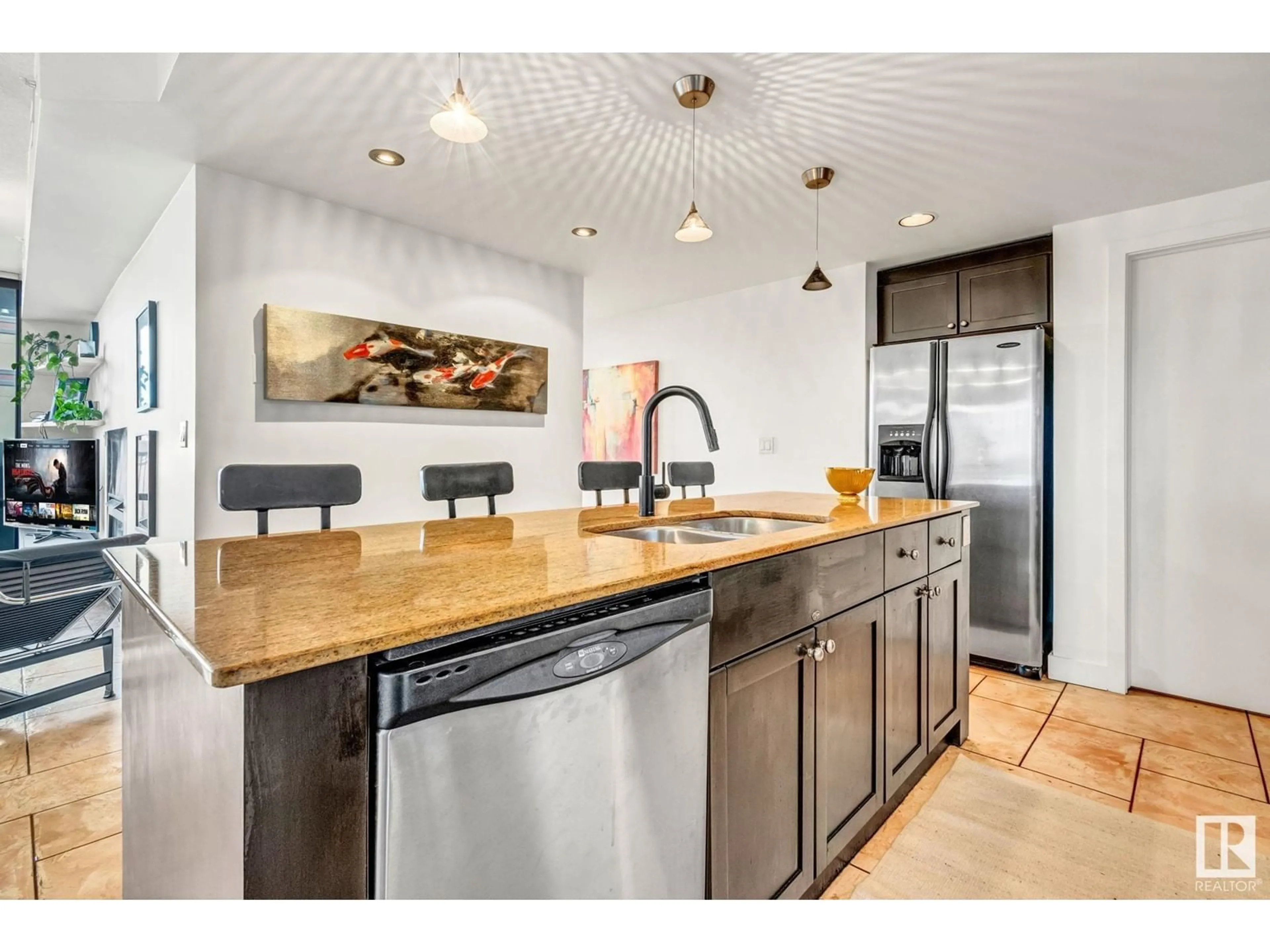 Open concept kitchen, ceramic/tile floor for #403 - 10028 119 ST, Edmonton Alberta T5K1Y8