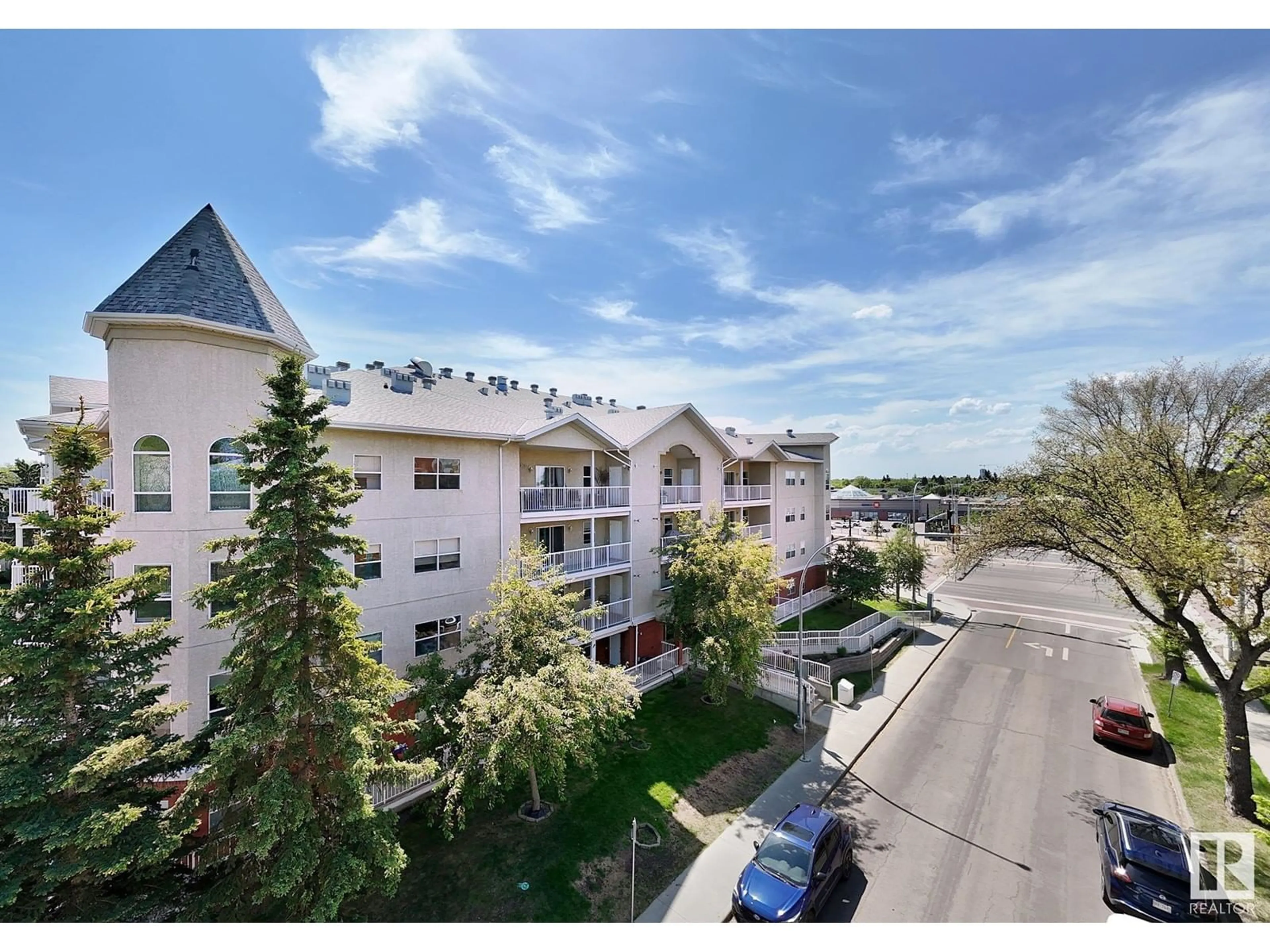 A pic from outside/outdoor area/front of a property/back of a property/a pic from drone, city buildings view from balcony for #302 - 8215 84 AV, Edmonton Alberta T6C4R2