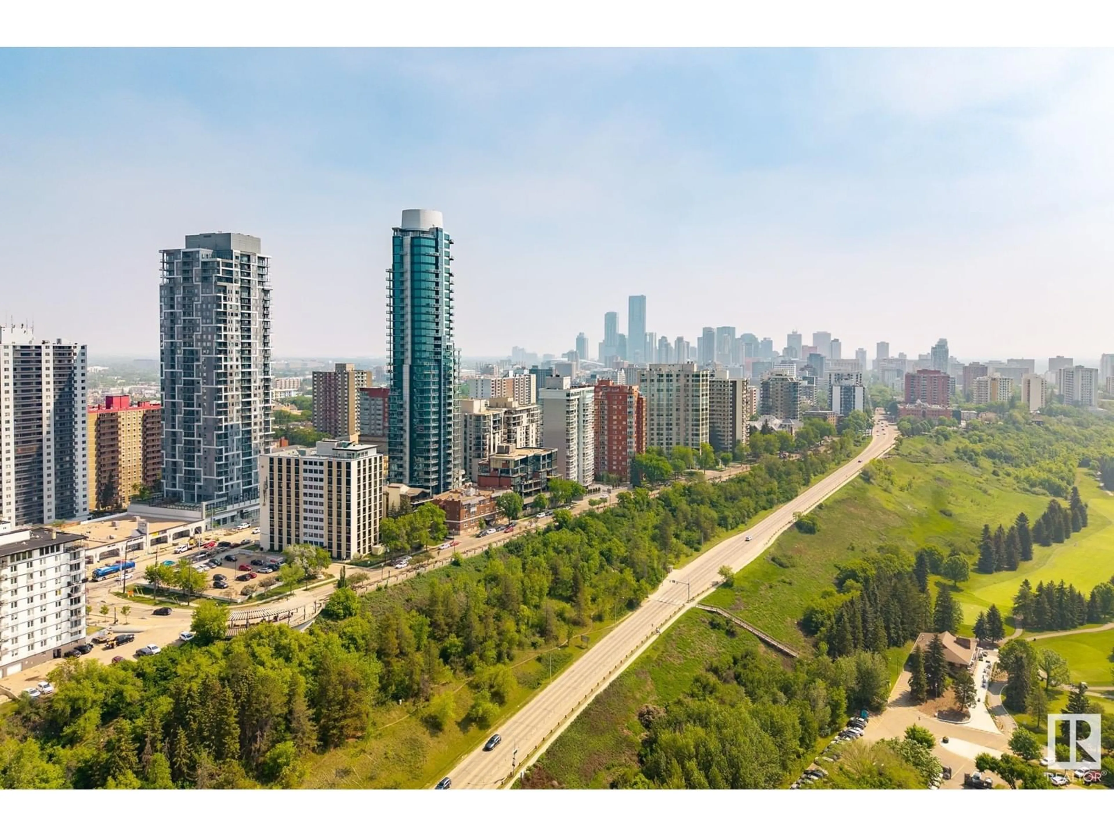 A pic from outside/outdoor area/front of a property/back of a property/a pic from drone, city buildings view from balcony for 11969 - 1201 JASPER AV, Edmonton Alberta T5K0P1
