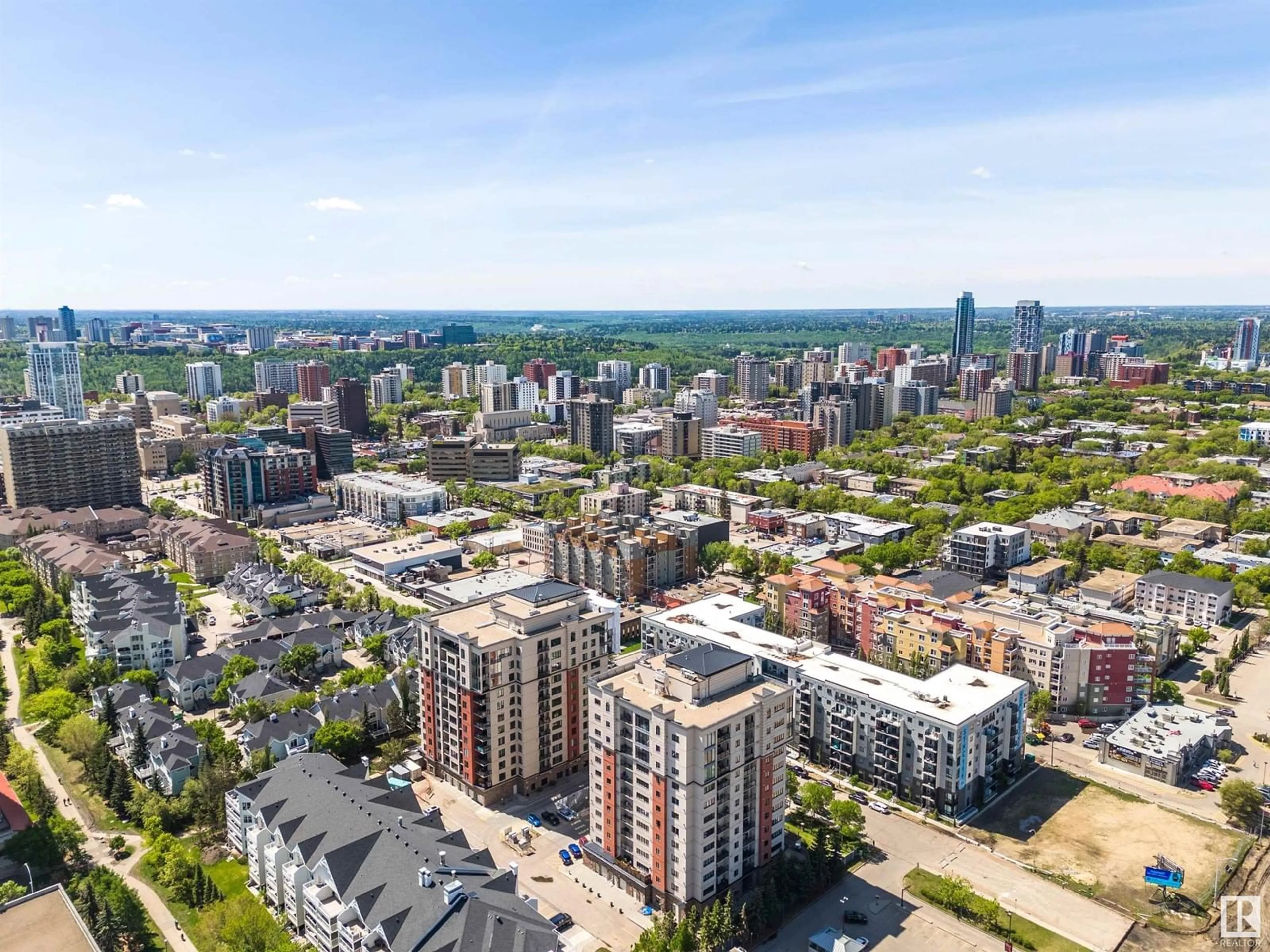 A pic from outside/outdoor area/front of a property/back of a property/a pic from drone, city buildings view from balcony for 10303 - 508 111 ST NW, Edmonton Alberta T5K0C6