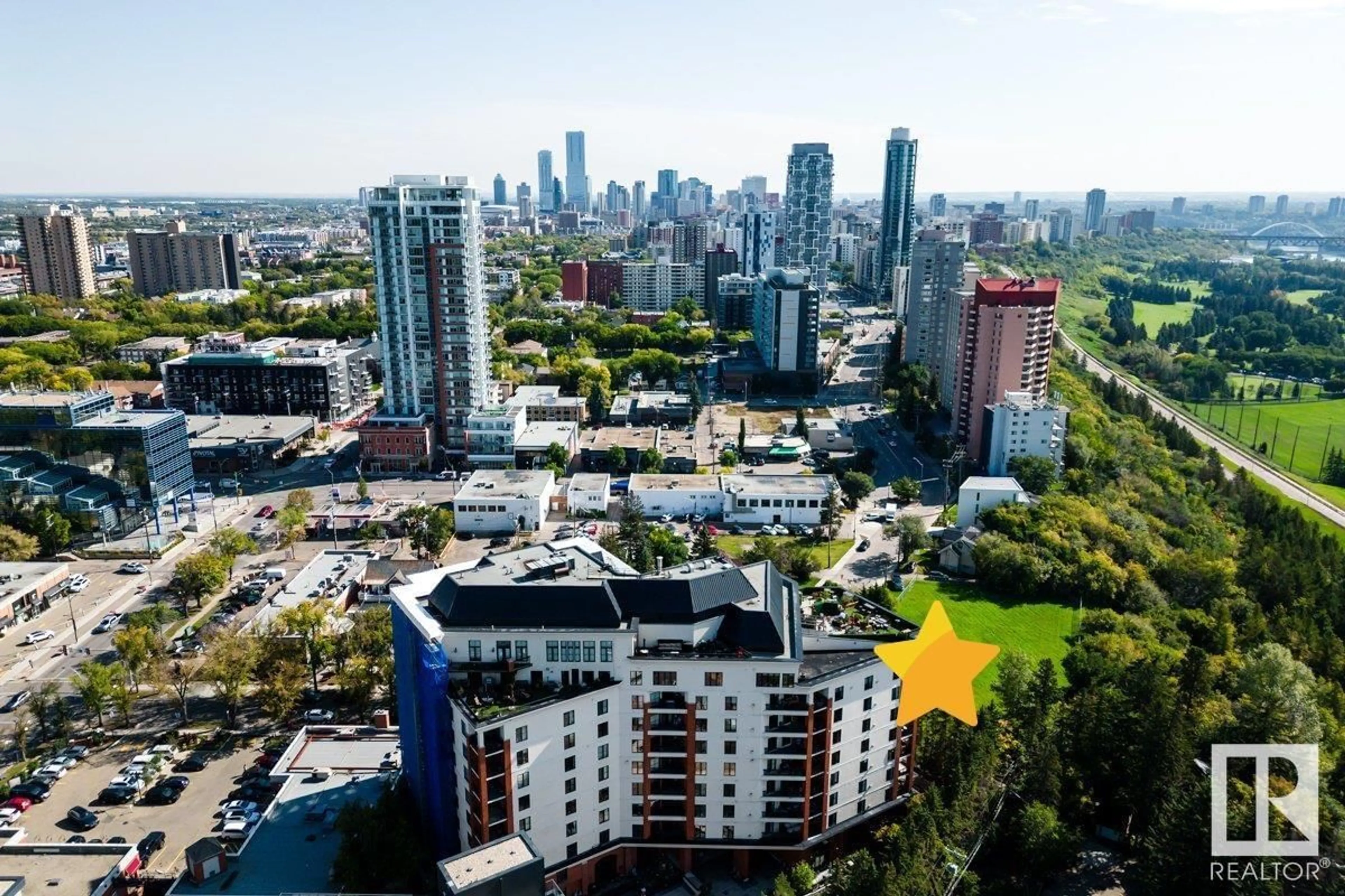 A pic from outside/outdoor area/front of a property/back of a property/a pic from drone, city buildings view from balcony for #201 - 10108 125 ST, Edmonton Alberta T5N4B6