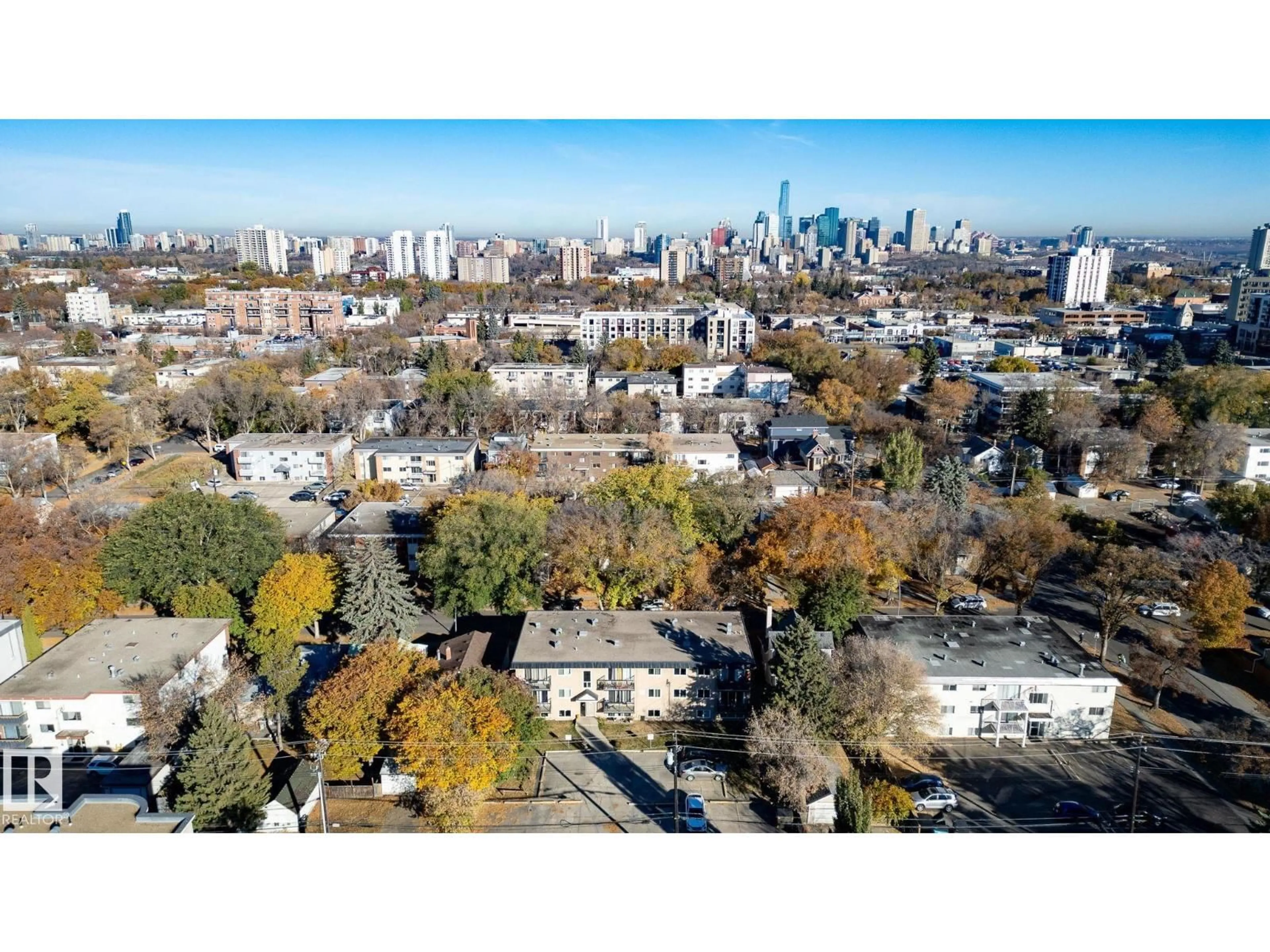 A pic from outside/outdoor area/front of a property/back of a property/a pic from drone, city buildings view from balcony for 301 - 10621 79 AV, Edmonton Alberta T6E1S2