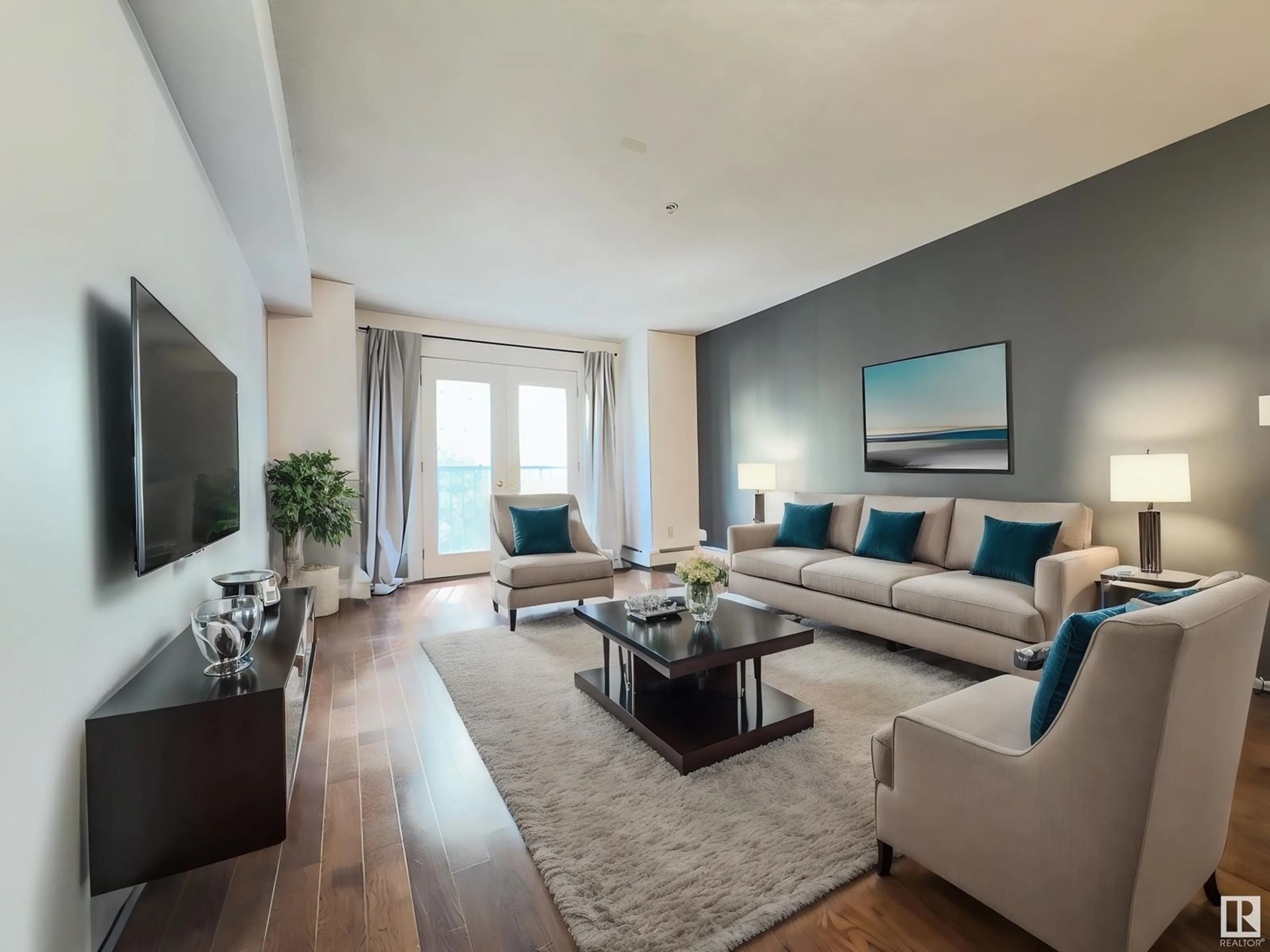 Living room with furniture, wood/laminate floor for #308 - 10403 98 AV, Edmonton Alberta T5K2Y5