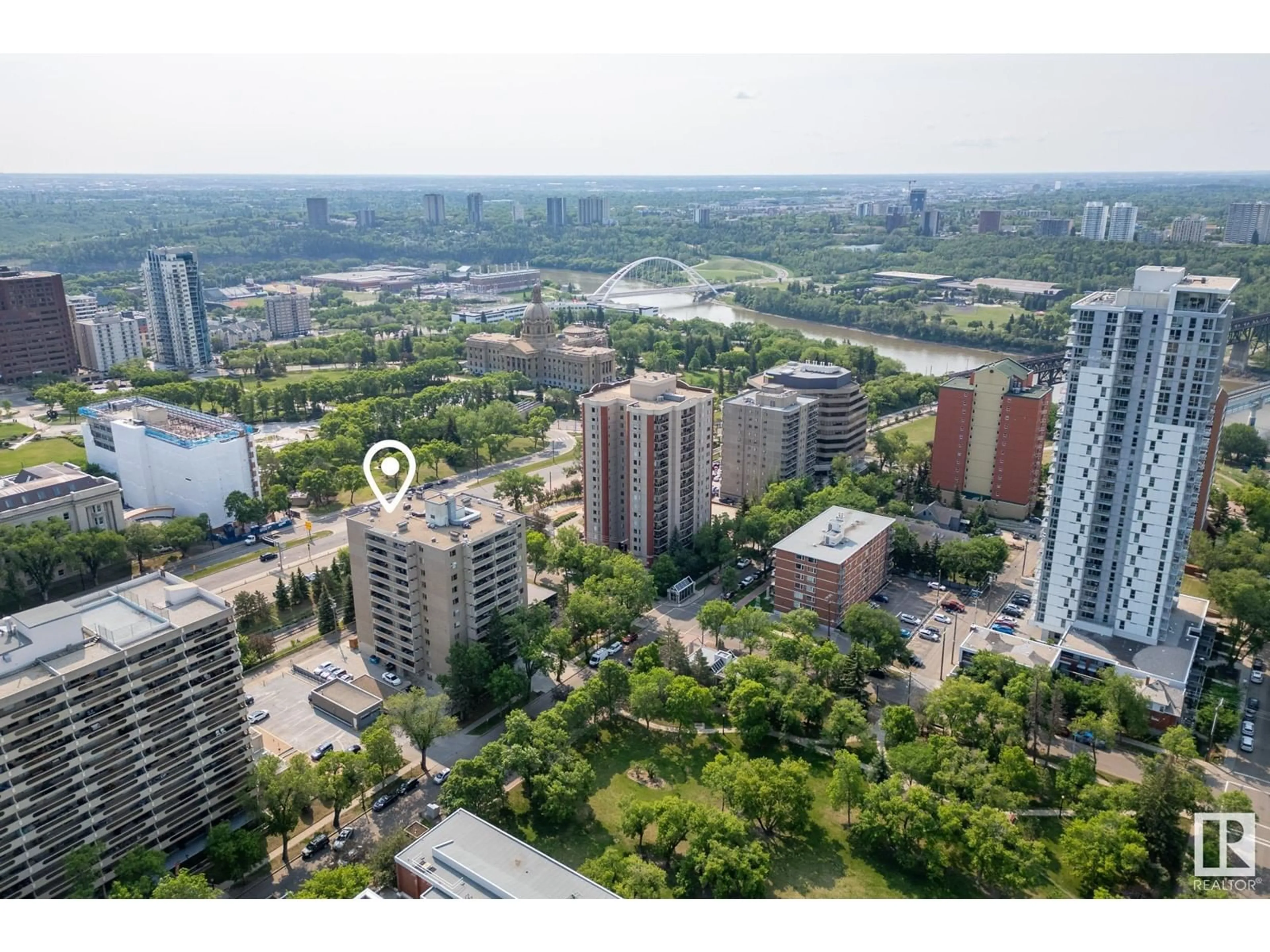 A pic from outside/outdoor area/front of a property/back of a property/a pic from drone, city buildings view from balcony for #303 - 9809 110 ST NW, Edmonton Alberta T5K2J9