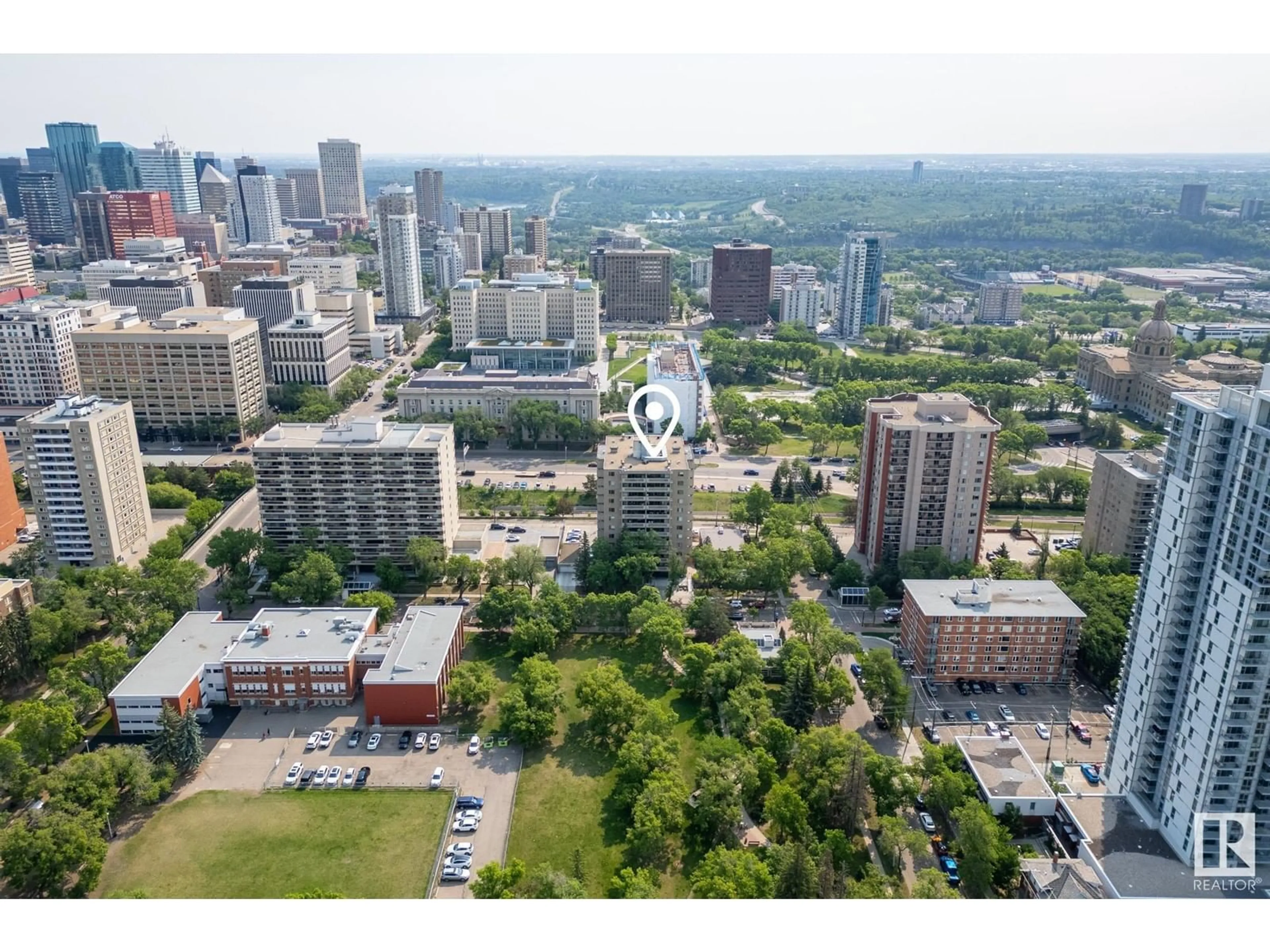 A pic from outside/outdoor area/front of a property/back of a property/a pic from drone, city buildings view from balcony for #303 - 9809 110 ST NW, Edmonton Alberta T5K2J9