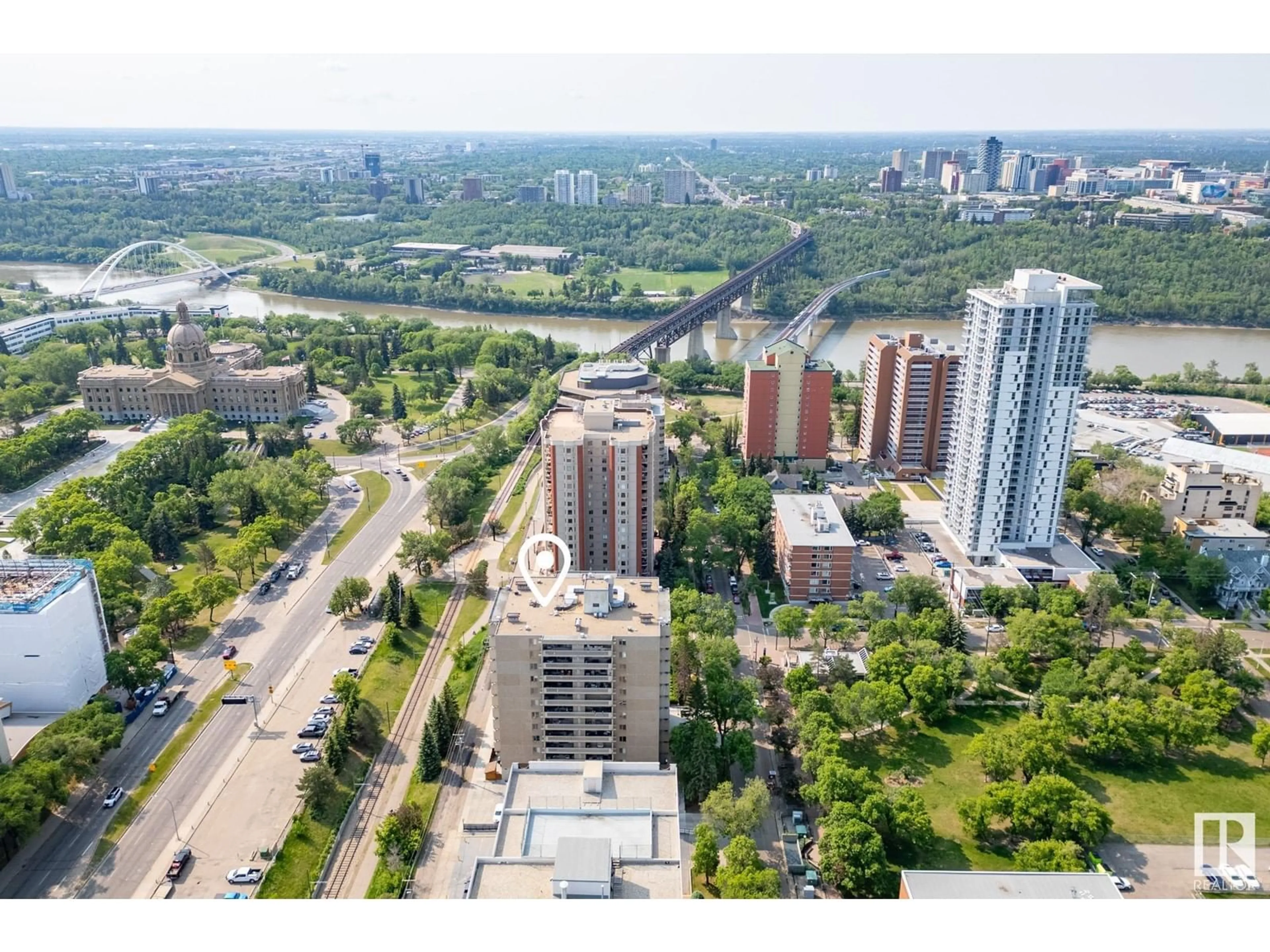 A pic from outside/outdoor area/front of a property/back of a property/a pic from drone, city buildings view from balcony for #303 - 9809 110 ST NW, Edmonton Alberta T5K2J9