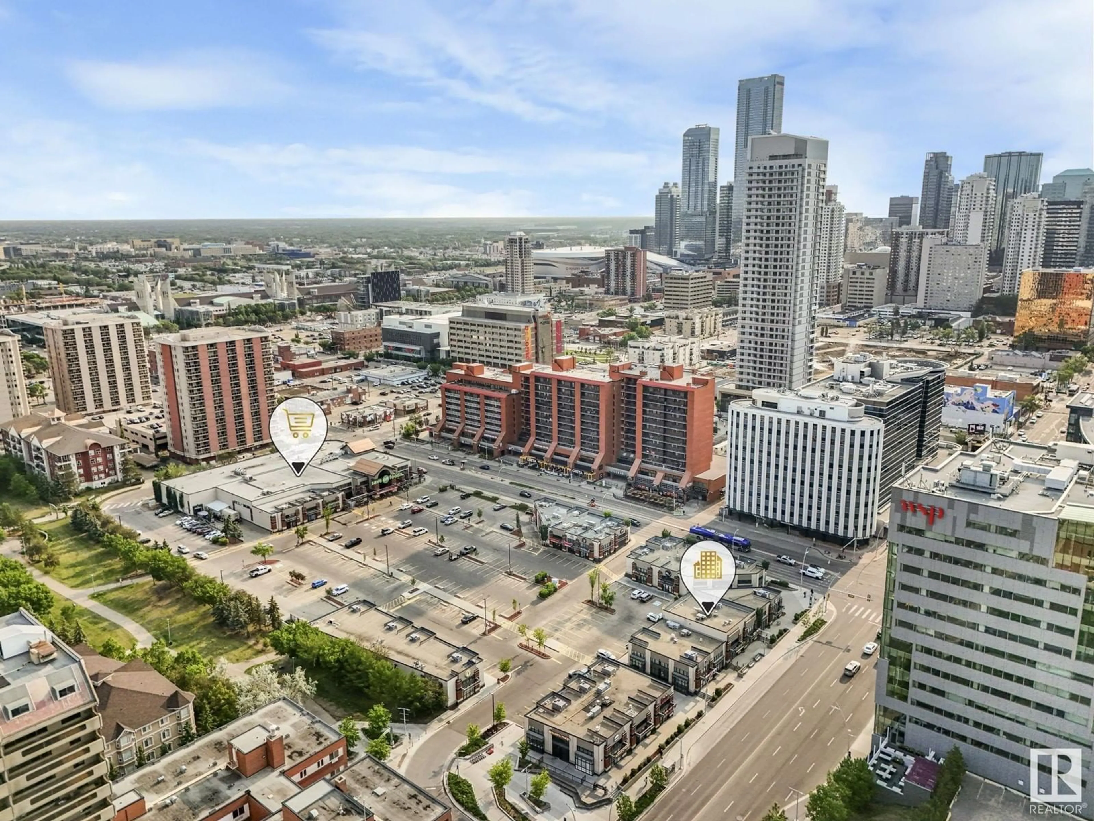 A pic from outside/outdoor area/front of a property/back of a property/a pic from drone, city buildings view from balcony for 709 - 10145 109 ST NW, Edmonton Alberta T5J3M5