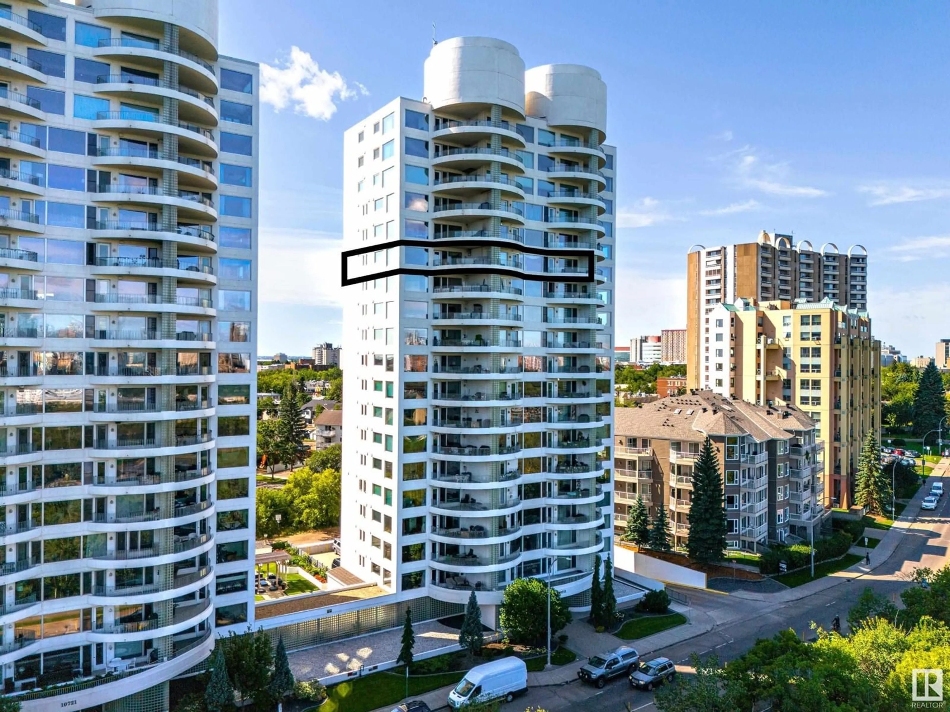 A pic from outside/outdoor area/front of a property/back of a property/a pic from drone, city buildings view from balcony for 1402 - 10731 SASKATCHEWAN DR, Edmonton Alberta T6E1H6