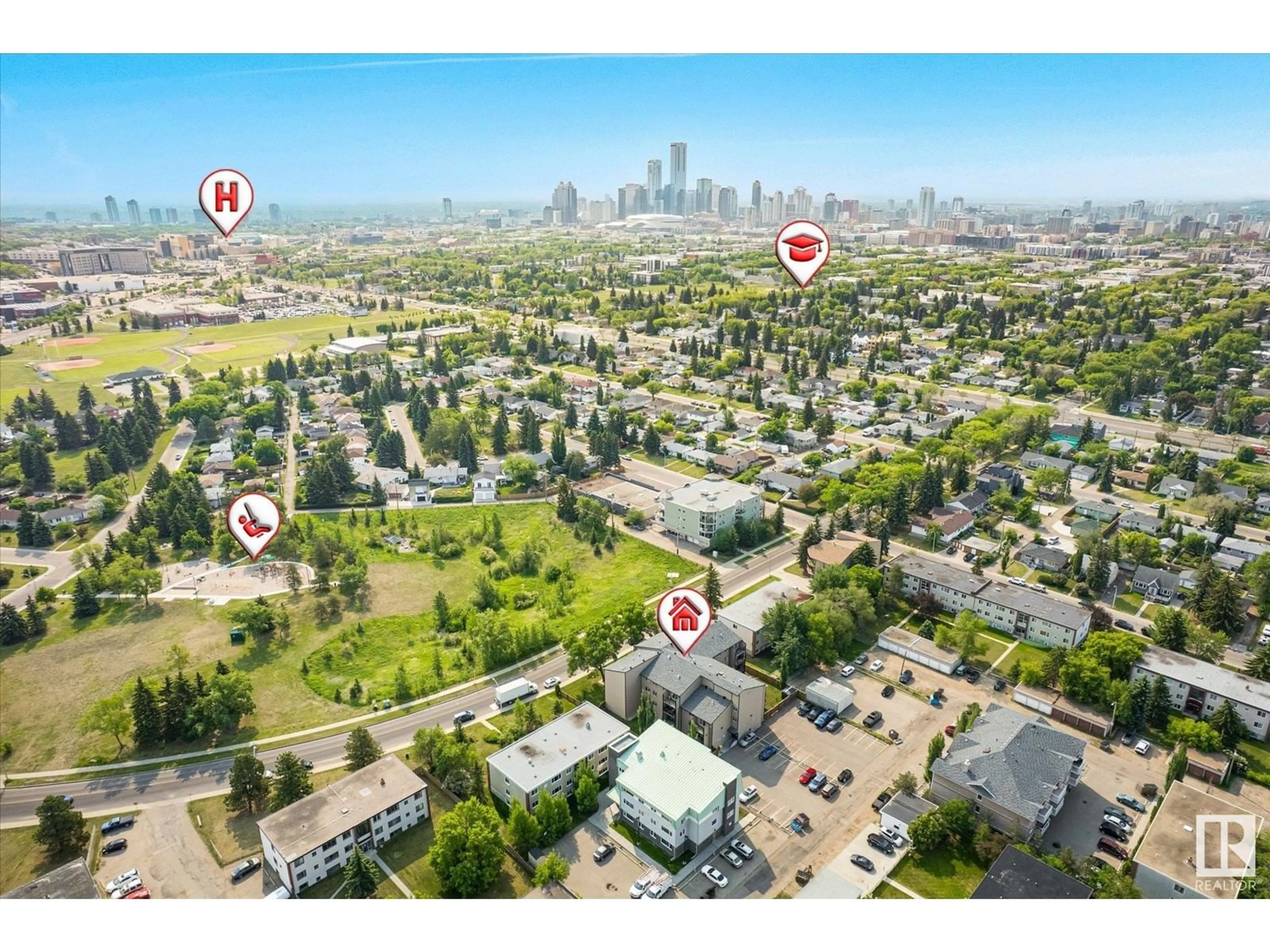 A pic from outside/outdoor area/front of a property/back of a property/a pic from drone, city buildings view from balcony for #302 - 11224 116 ST NW, Edmonton Alberta T5G2W1