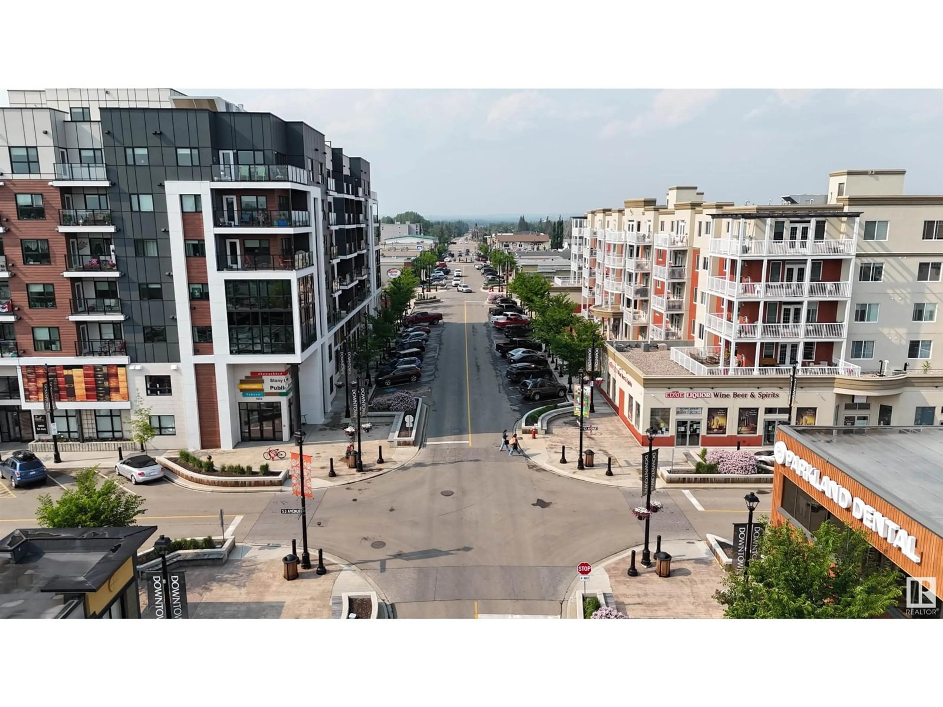 A pic from outside/outdoor area/front of a property/back of a property/a pic from drone, city buildings view from balcony for #504 - 5211 50 ST, Stony Plain Alberta T7Z0C1