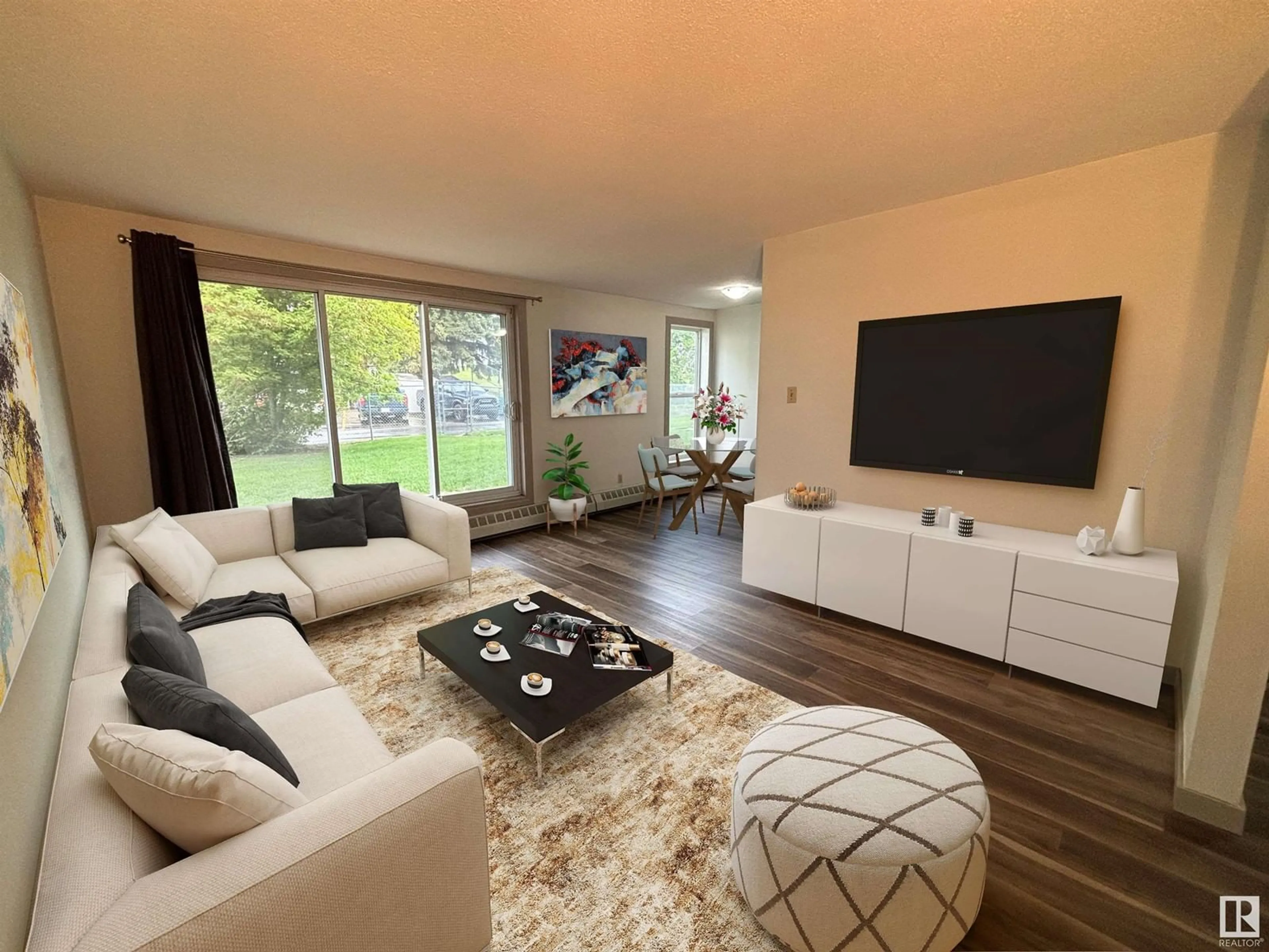 Living room with furniture, wood/laminate floor for #102 - 7220 144 AV, Edmonton Alberta T5C3E4