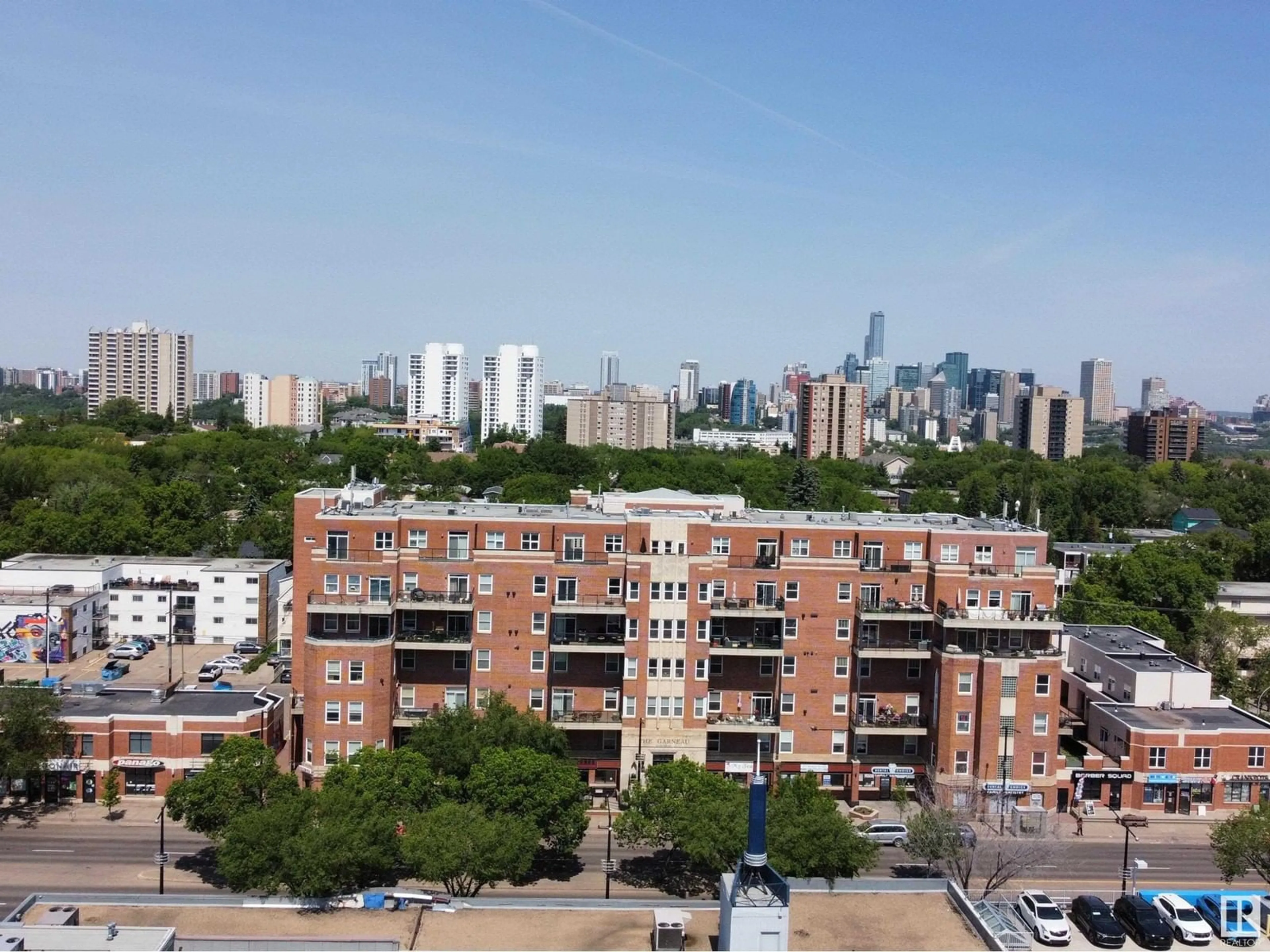 A pic from outside/outdoor area/front of a property/back of a property/a pic from drone, city buildings view from balcony for #401 - 10728 82 AV, Edmonton Alberta T6E6P5