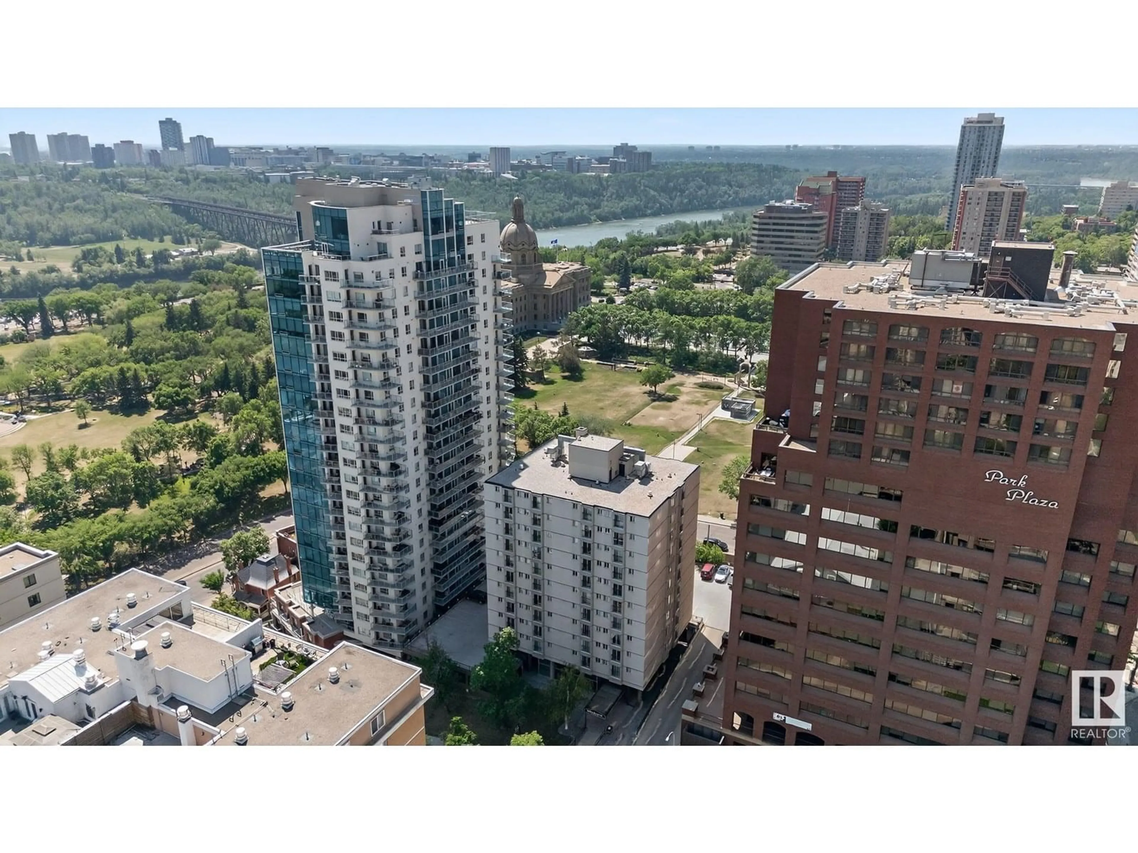 A pic from outside/outdoor area/front of a property/back of a property/a pic from drone, city buildings view from balcony for 1107 - 9730 106 ST NW, Edmonton Alberta T5K1B7