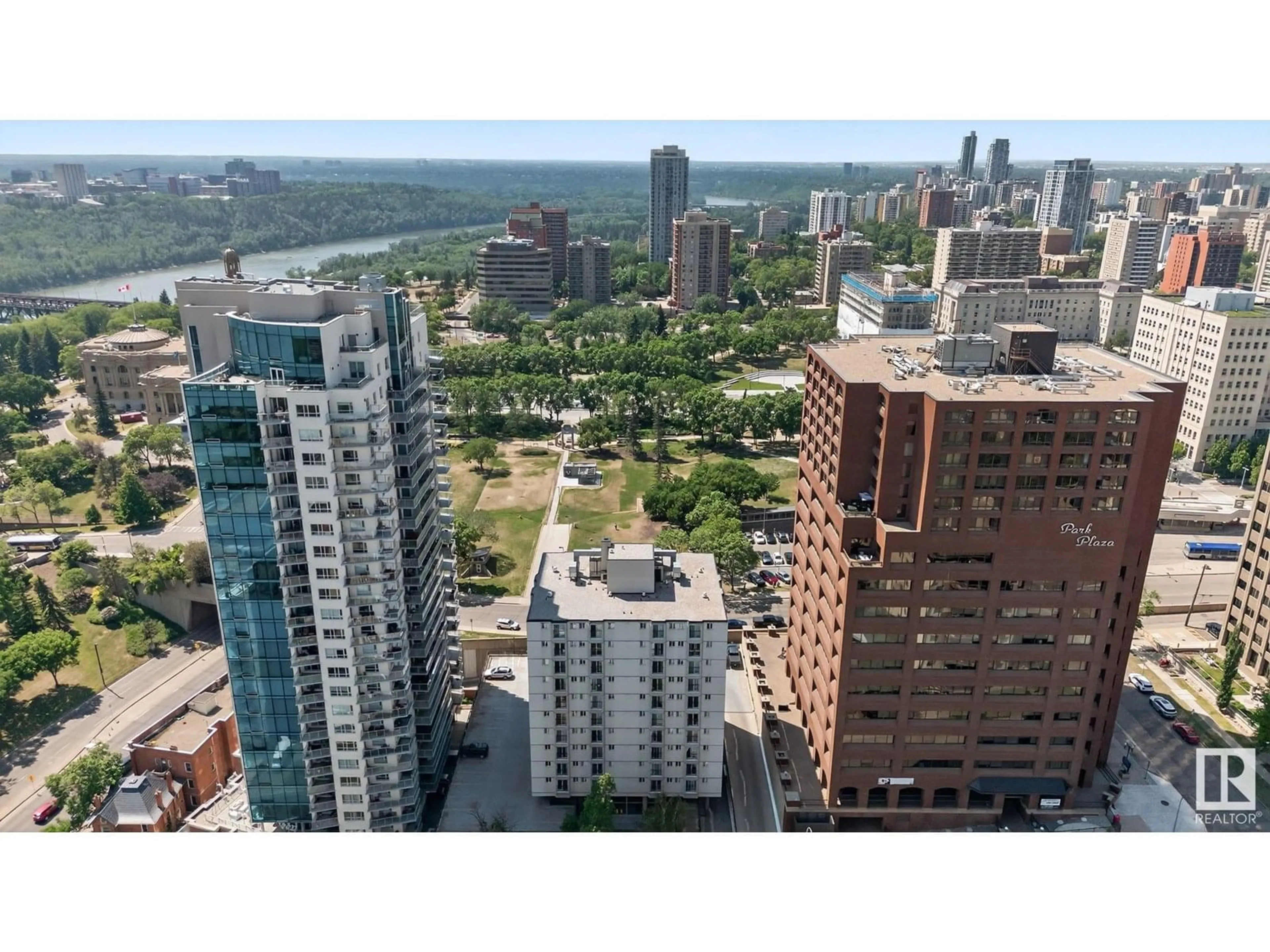 A pic from outside/outdoor area/front of a property/back of a property/a pic from drone, city buildings view from balcony for 1107 - 9730 106 ST NW, Edmonton Alberta T5K1B7
