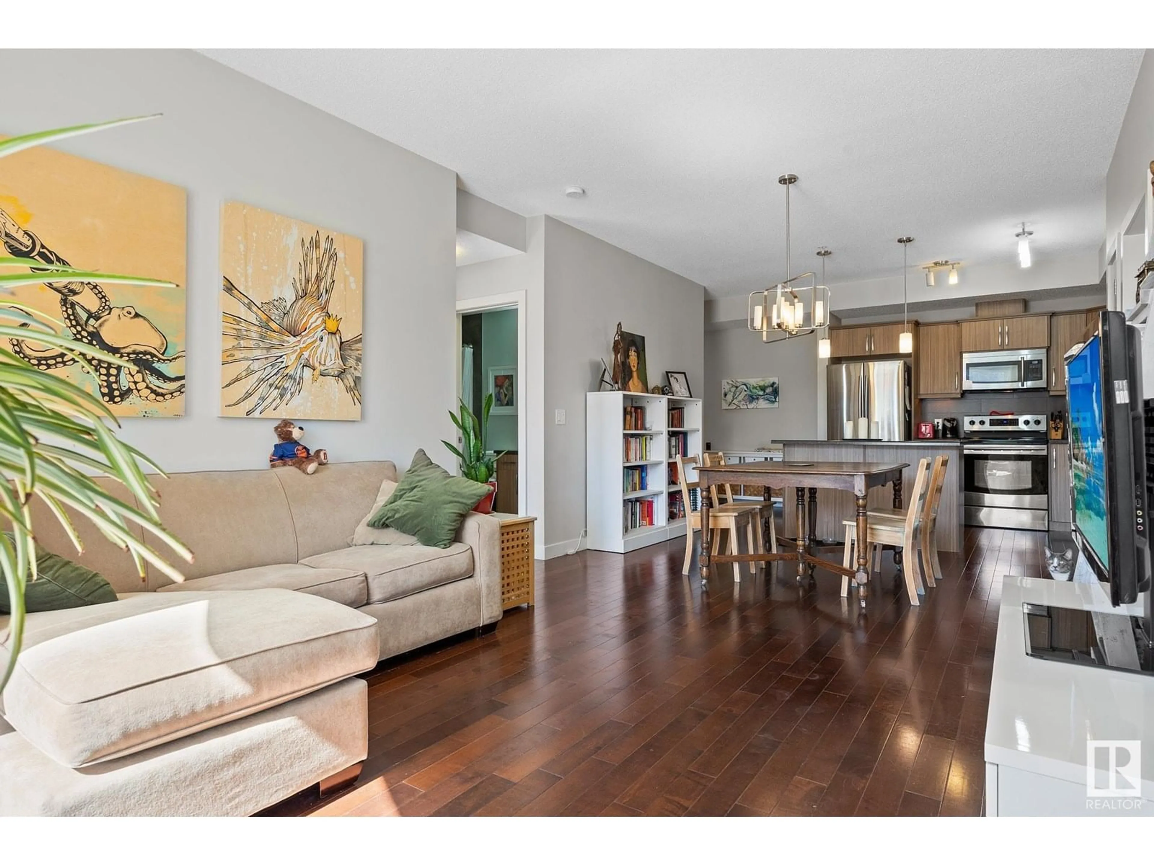 Open concept kitchen, wood/laminate floor for #202 - 10523 123 ST, Edmonton Alberta T5N1N9