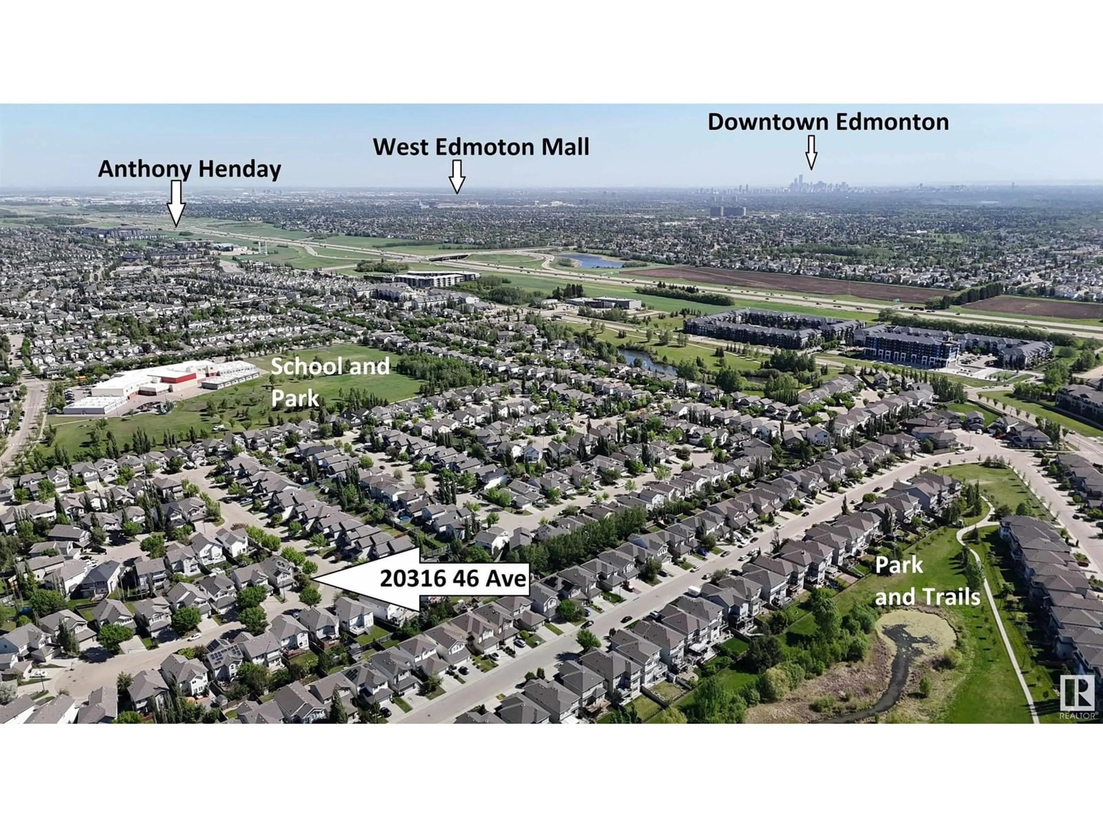 A pic from outside/outdoor area/front of a property/back of a property/a pic from drone, street for NW - 20316 46 AV, Edmonton Alberta T6M0A7