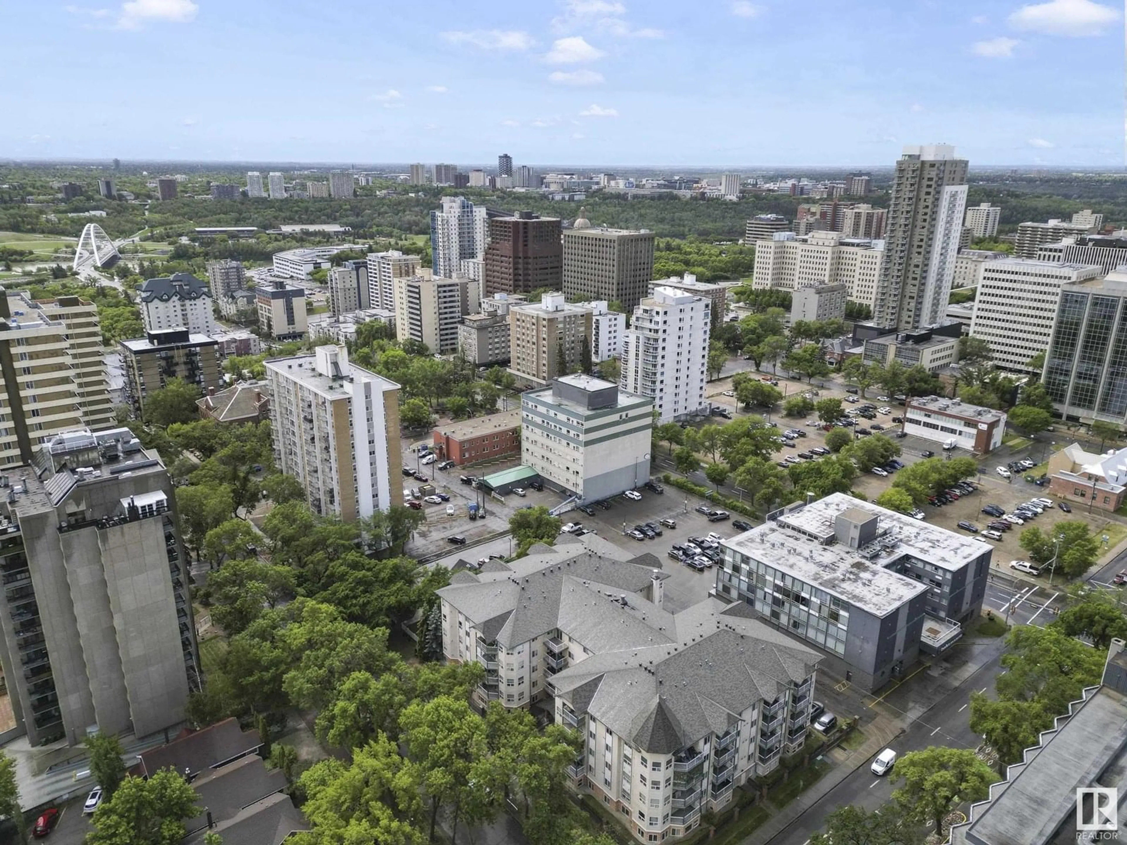 A pic from outside/outdoor area/front of a property/back of a property/a pic from drone, city buildings view from balcony for #102 - 9938 104 ST NW, Edmonton Alberta T5K2X7