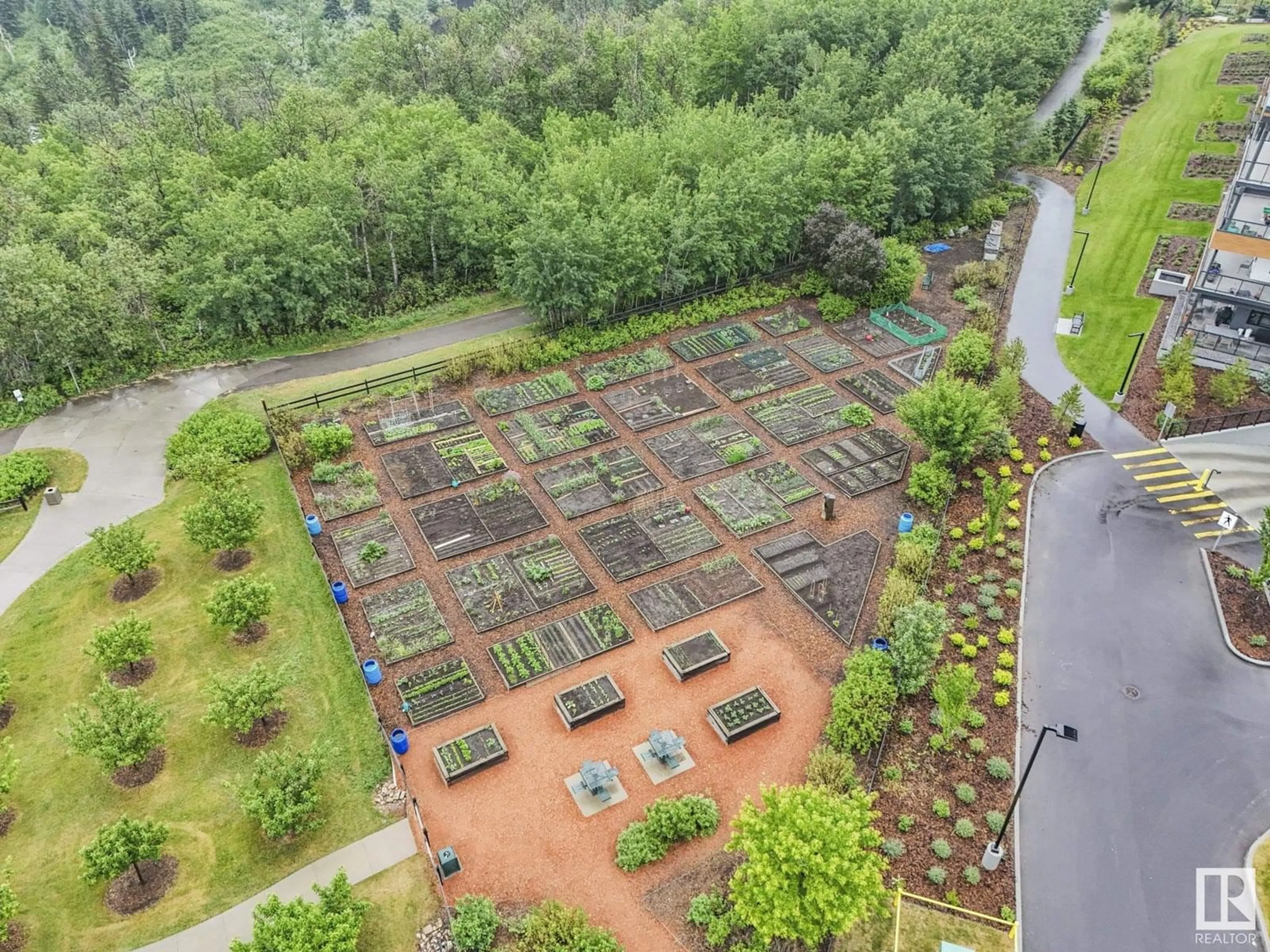 A pic from outside/outdoor area/front of a property/back of a property/a pic from drone, forest/trees view for #114 - 7471 MAY COMMON, Edmonton Alberta T6R0X5
