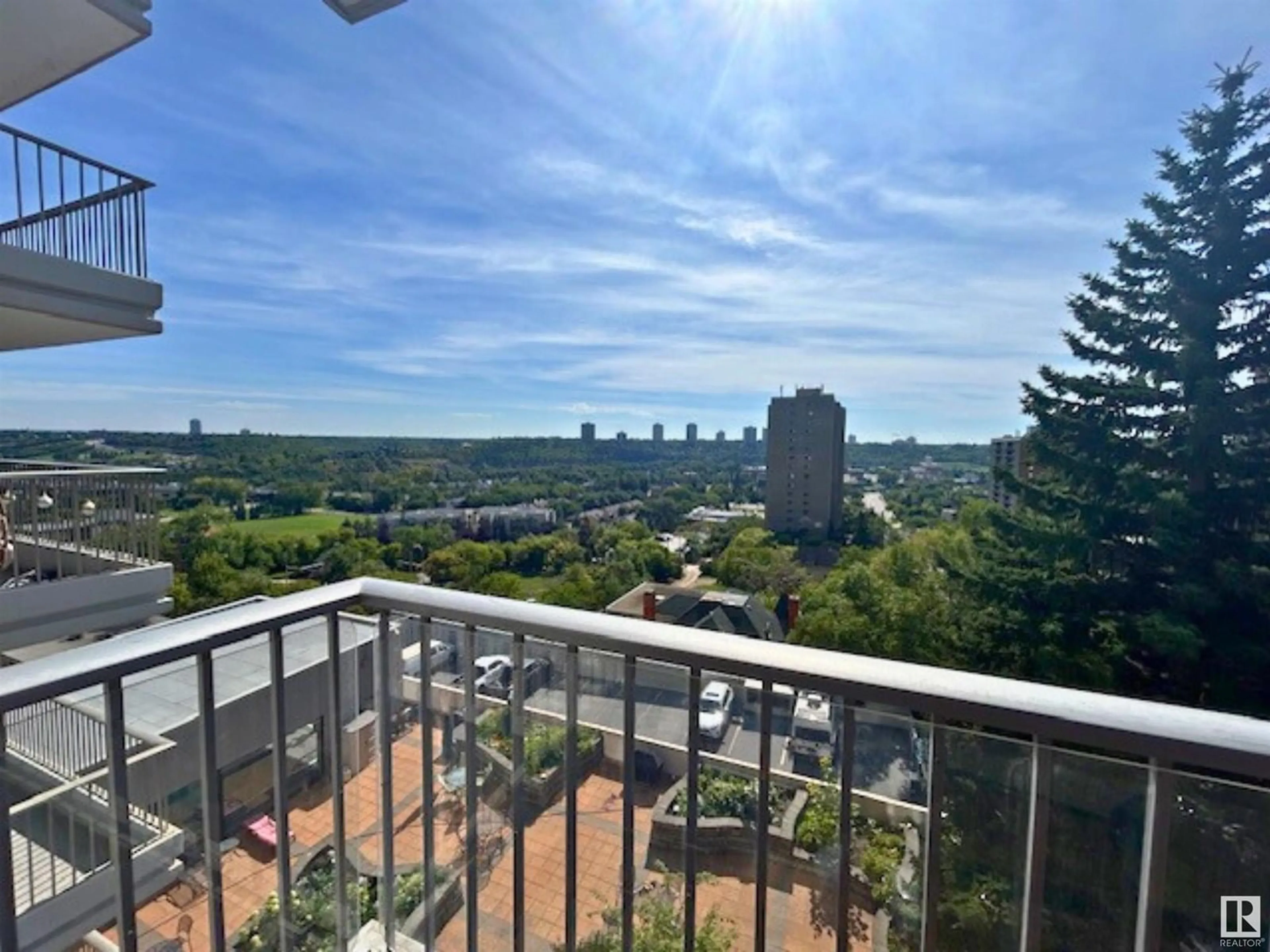 Balcony in the apartment, city buildings view from balcony for 503 - 9923 103 ST, Edmonton Alberta T5K2J3