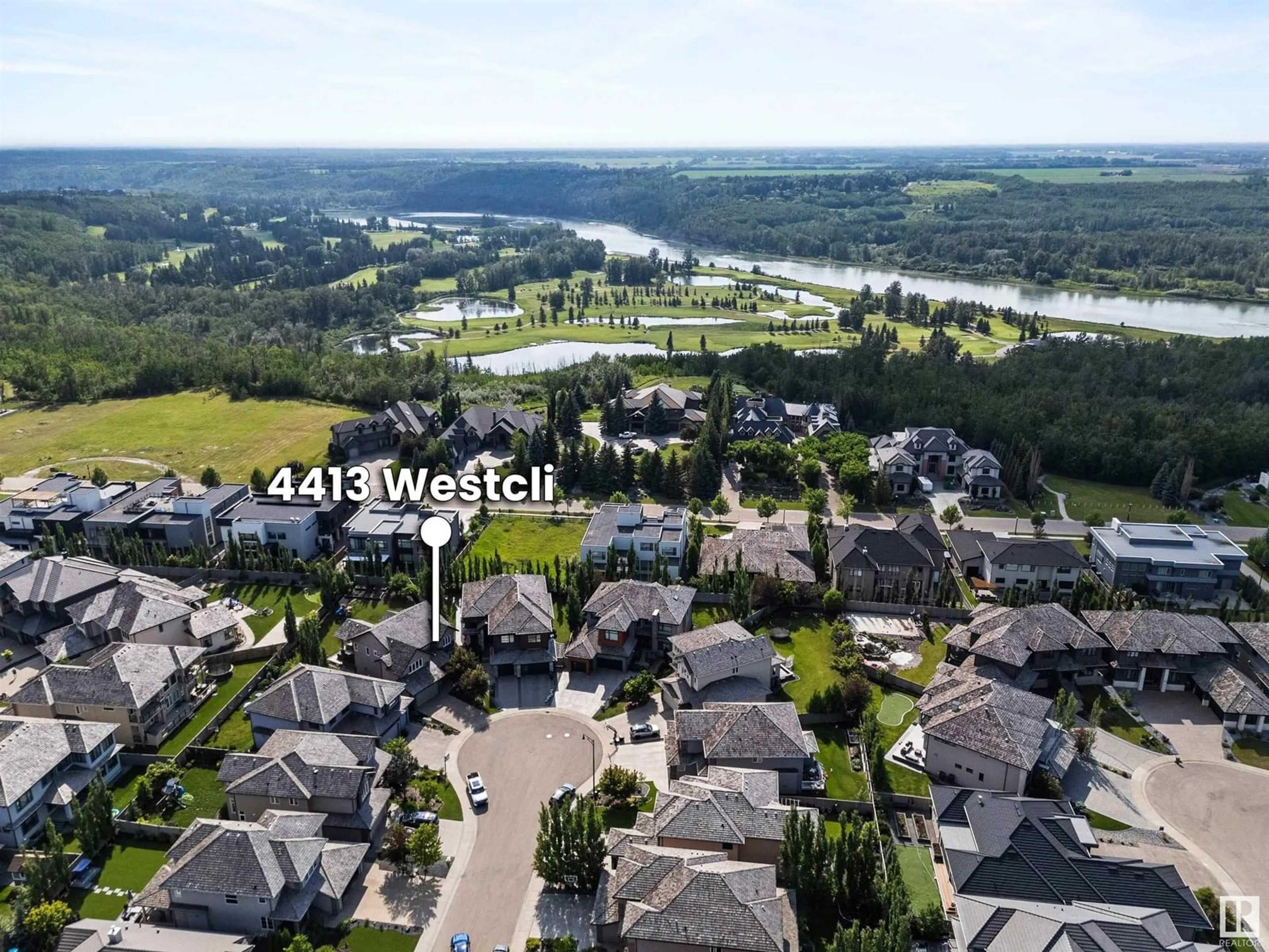 A pic from outside/outdoor area/front of a property/back of a property/a pic from drone, water/lake/river/ocean view for 4413 WESTCLIFF CL, Edmonton Alberta T6W2L2