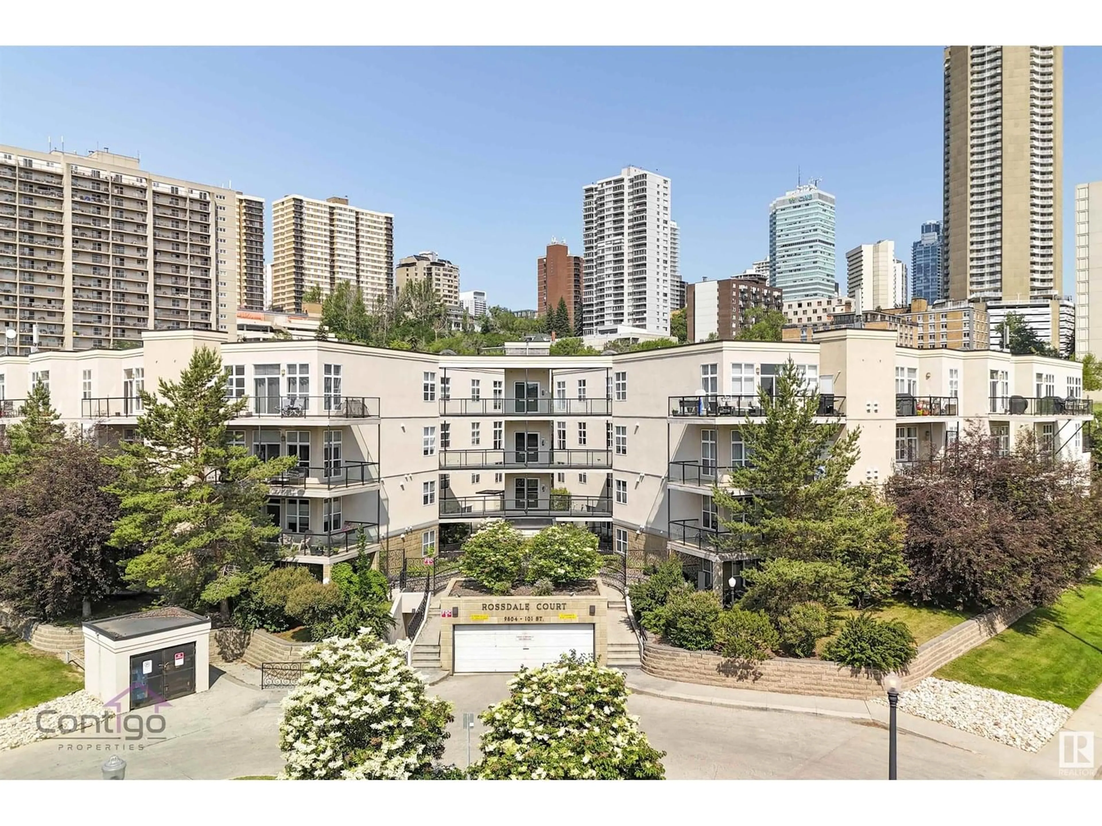 Patio, city buildings view from balcony for #404 - 9804 101 ST, Edmonton Alberta T5K2X3