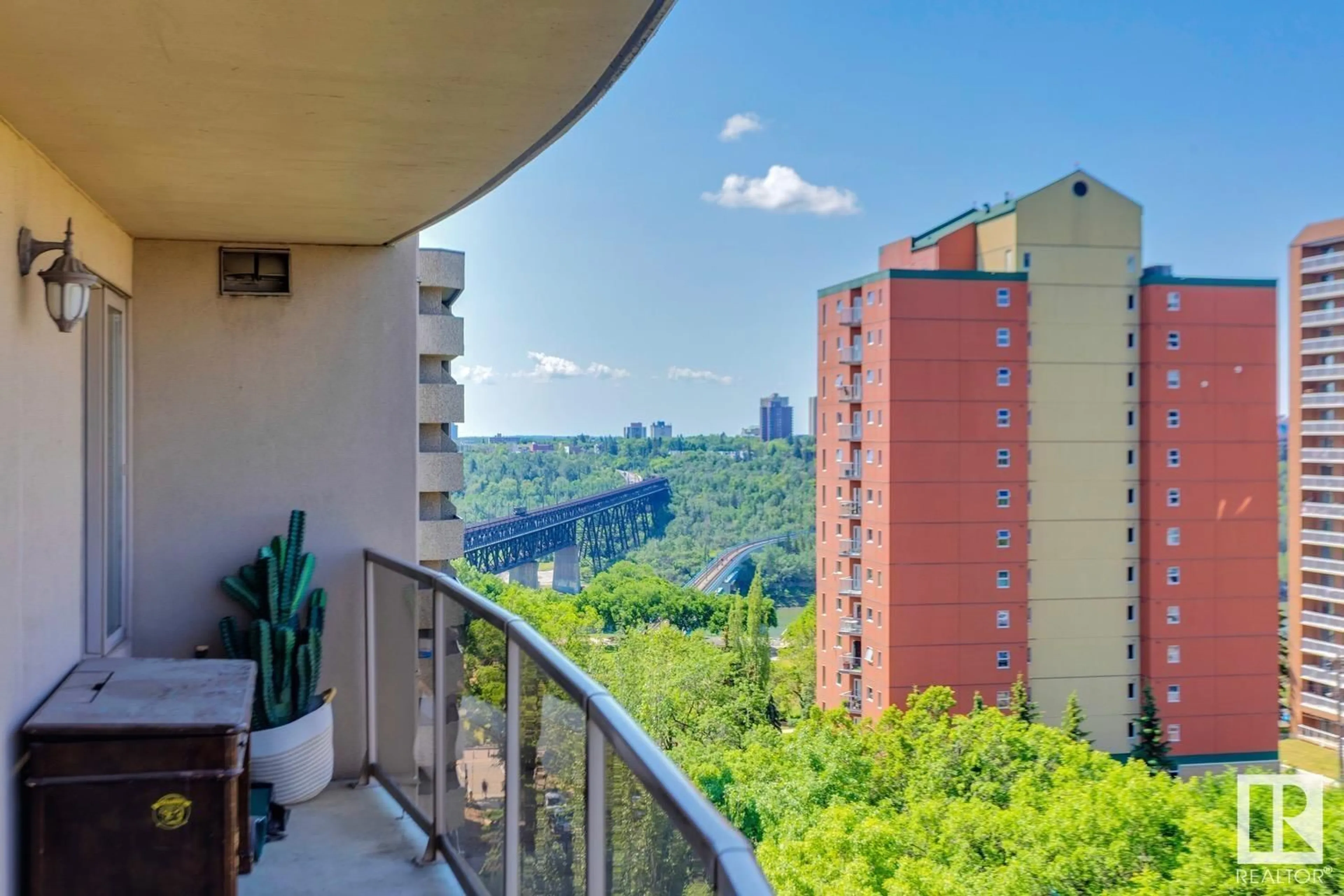 Balcony in the apartment, city buildings view from balcony for 1004 - 9741 110 ST NW, Edmonton Alberta T5K2V8