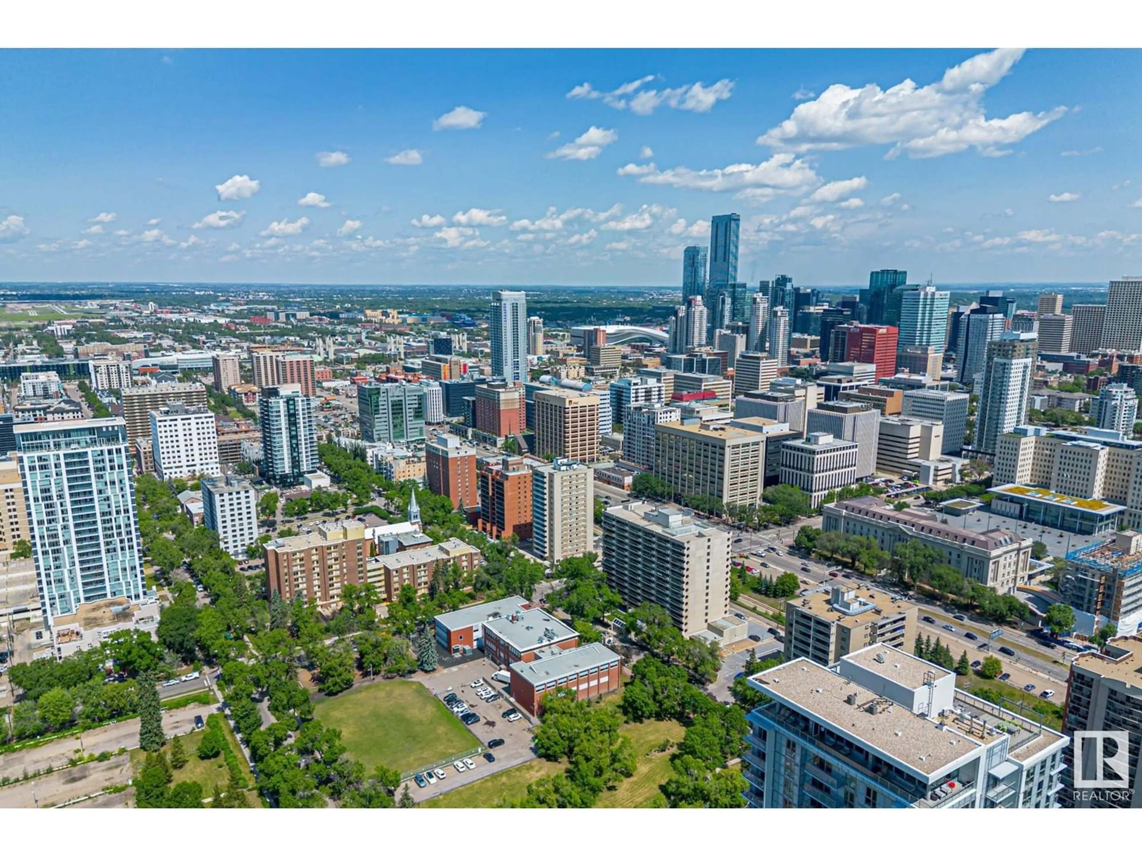 A pic from outside/outdoor area/front of a property/back of a property/a pic from drone, city buildings view from balcony for 1005 110 ST NW, Edmonton Alberta T5K2N4