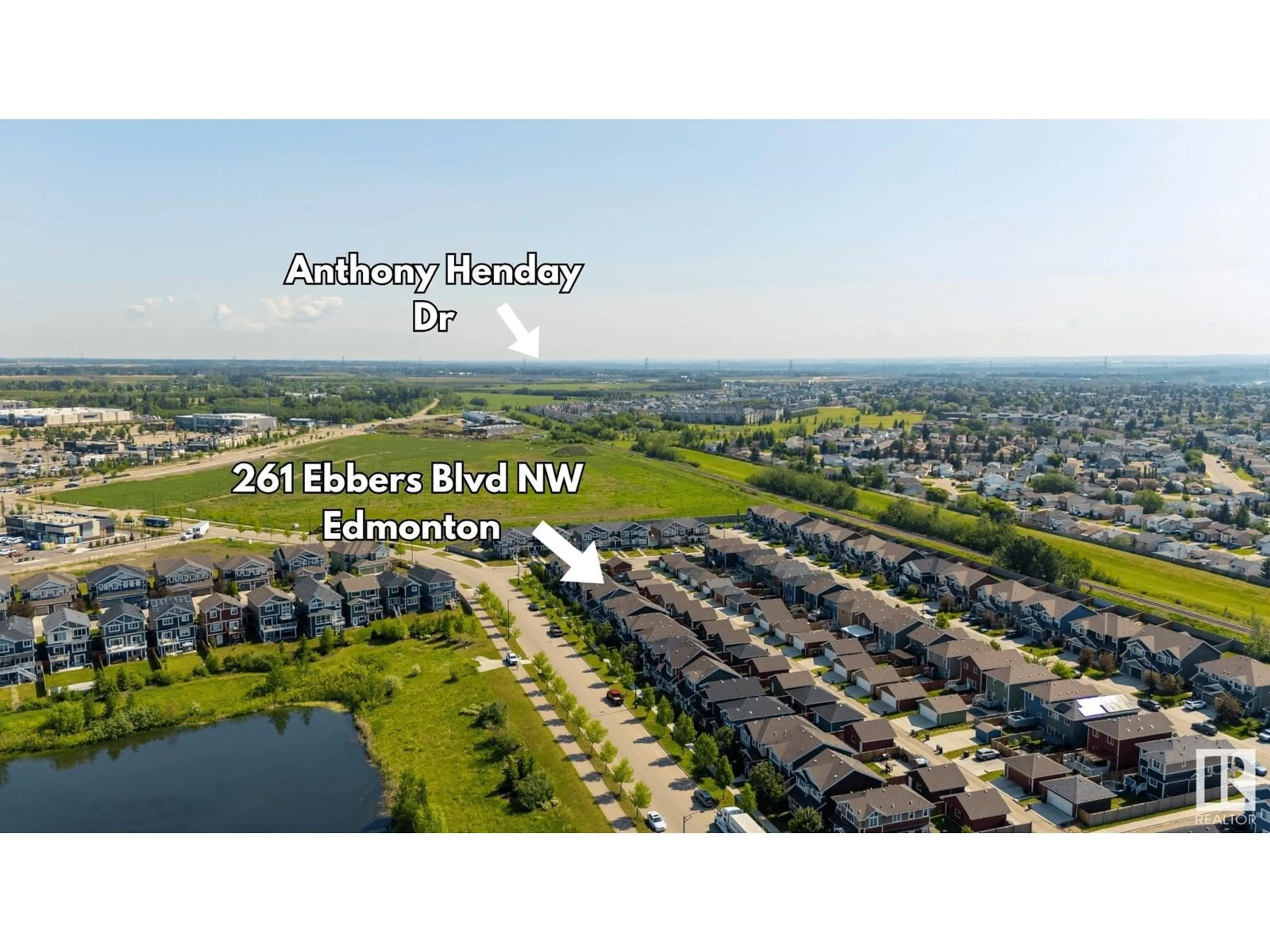 A pic from outside/outdoor area/front of a property/back of a property/a pic from drone, water/lake/river/ocean view for 261 EBBERS BV, Edmonton Alberta T5Y1R8