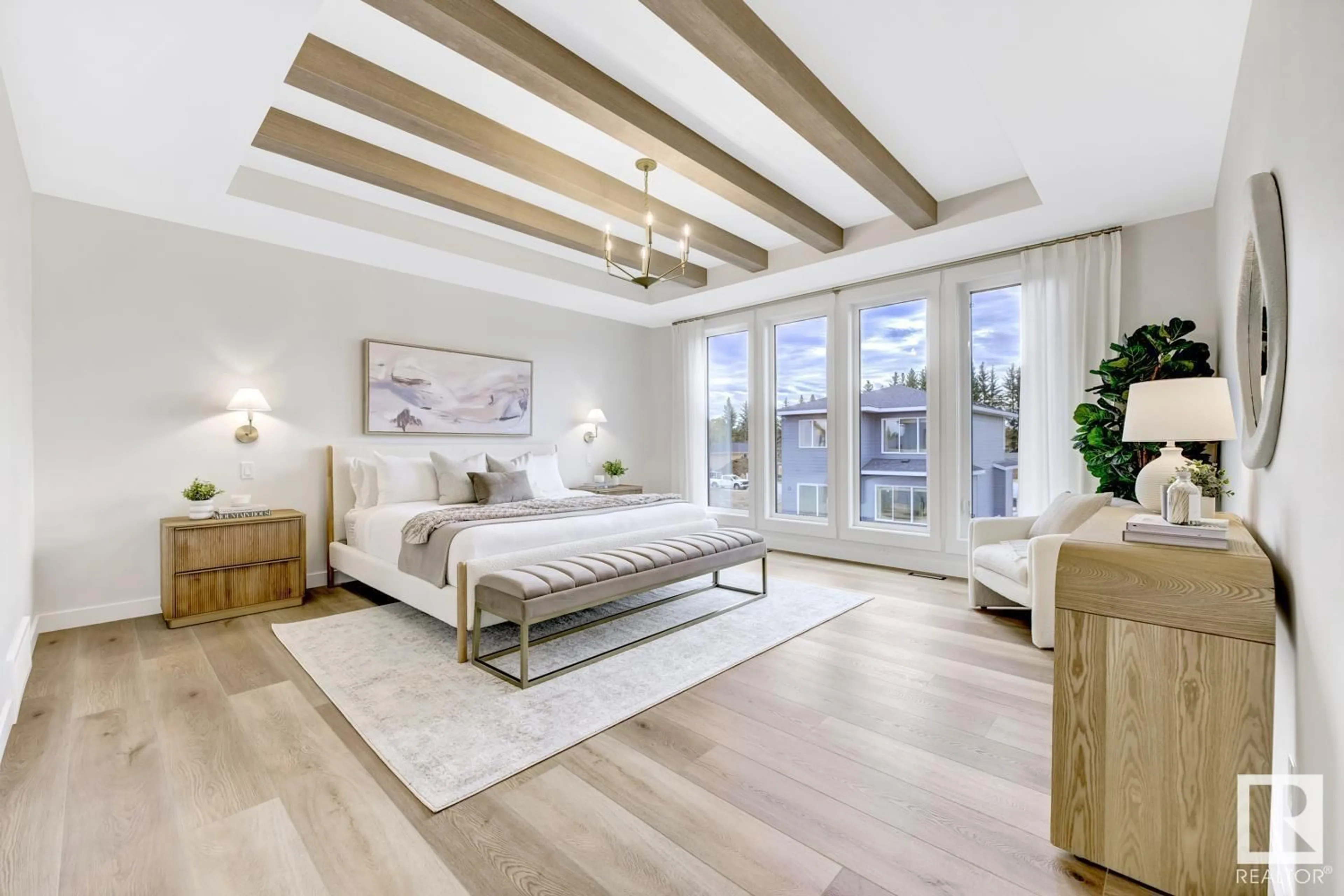 Bedroom with bed, wood/laminate floor for 81 JUBILATION DR, St. Albert Alberta T8N8C5