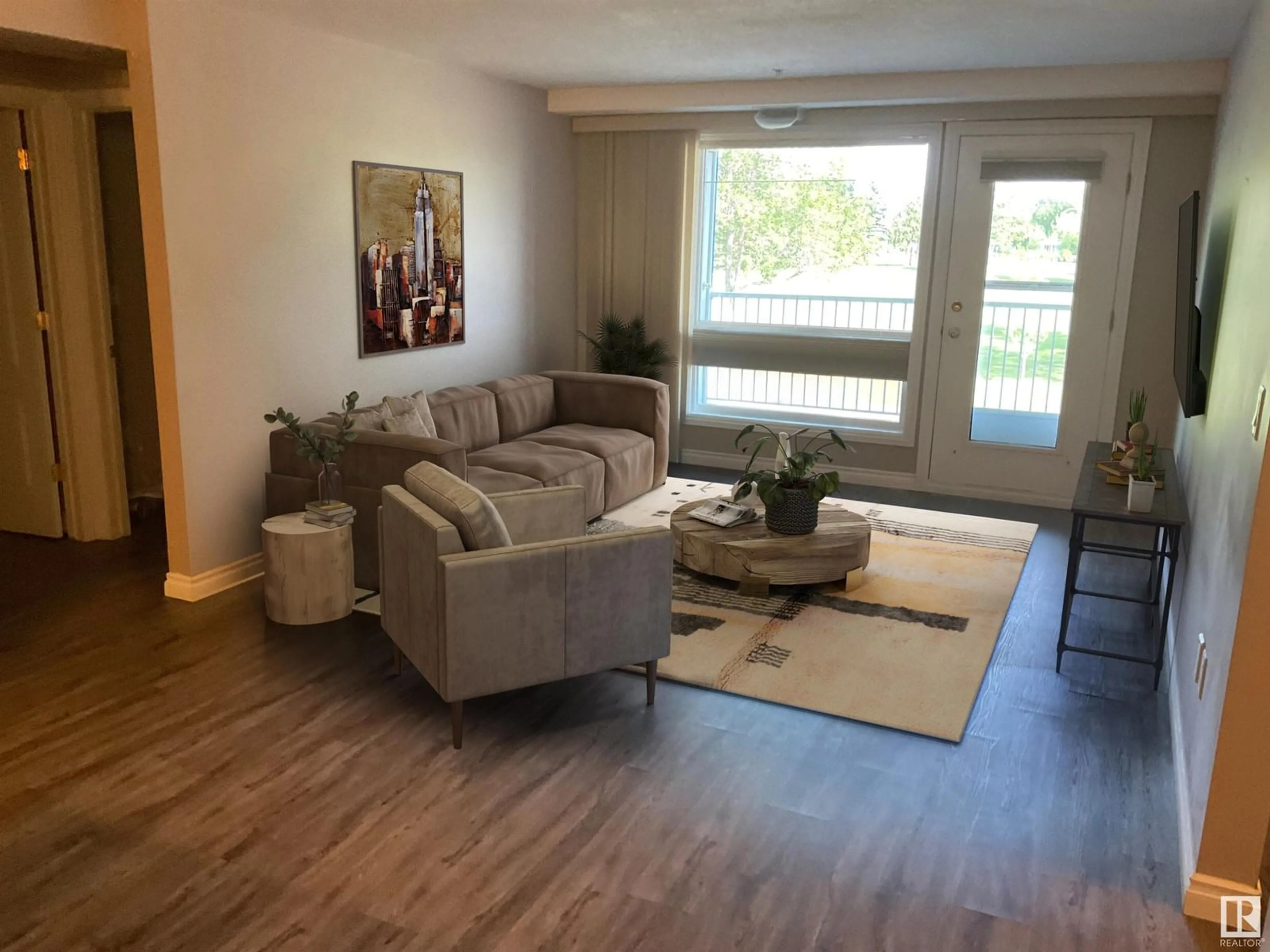 Living room with furniture, wood/laminate floor for 6220 - 211 FULTON RD, Edmonton Alberta T6A3T4