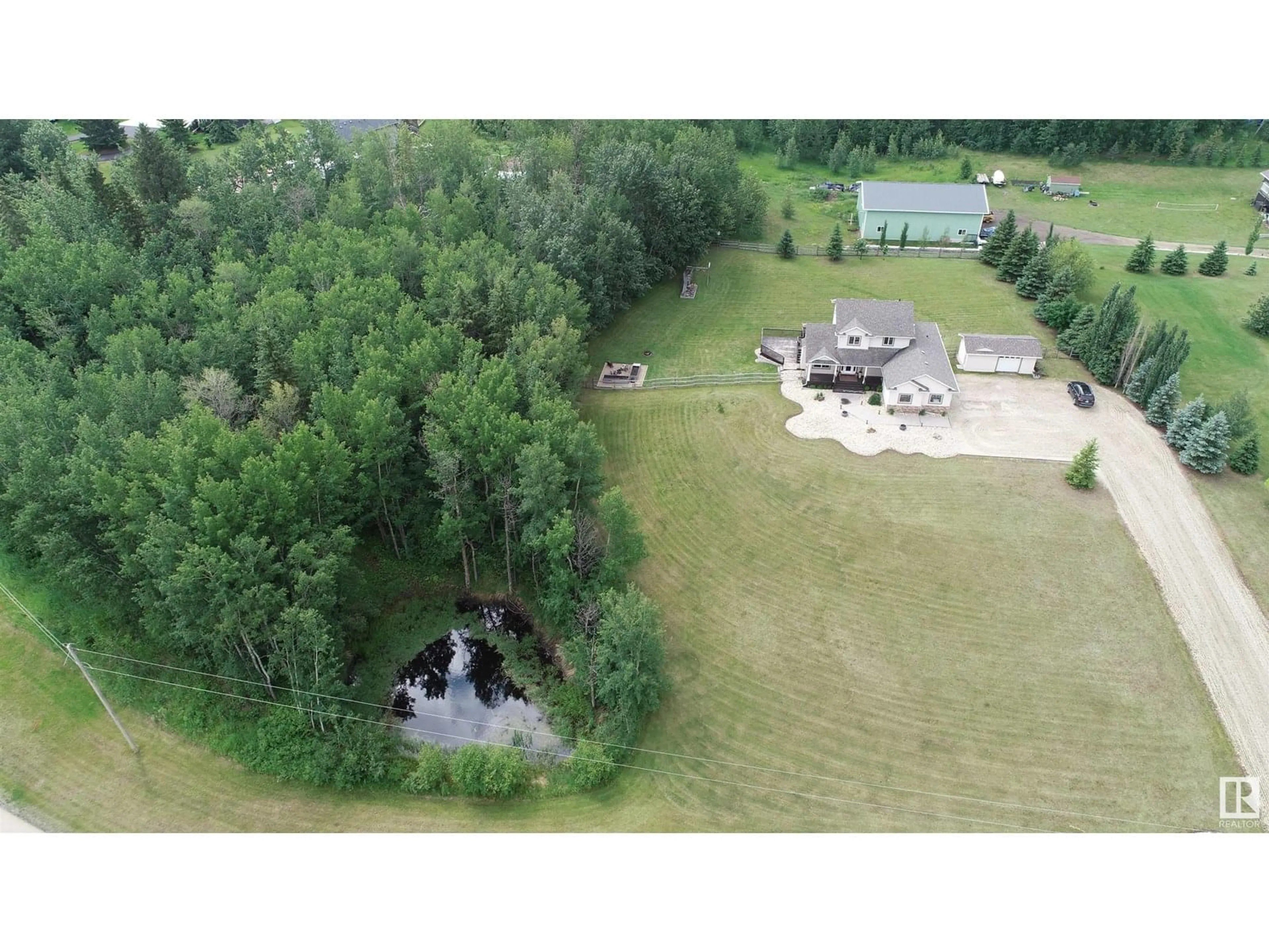 A pic from outside/outdoor area/front of a property/back of a property/a pic from drone, water/lake/river/ocean view for 7 RGE ROAD 15, Rural Parkland County Alberta T7Z1X4