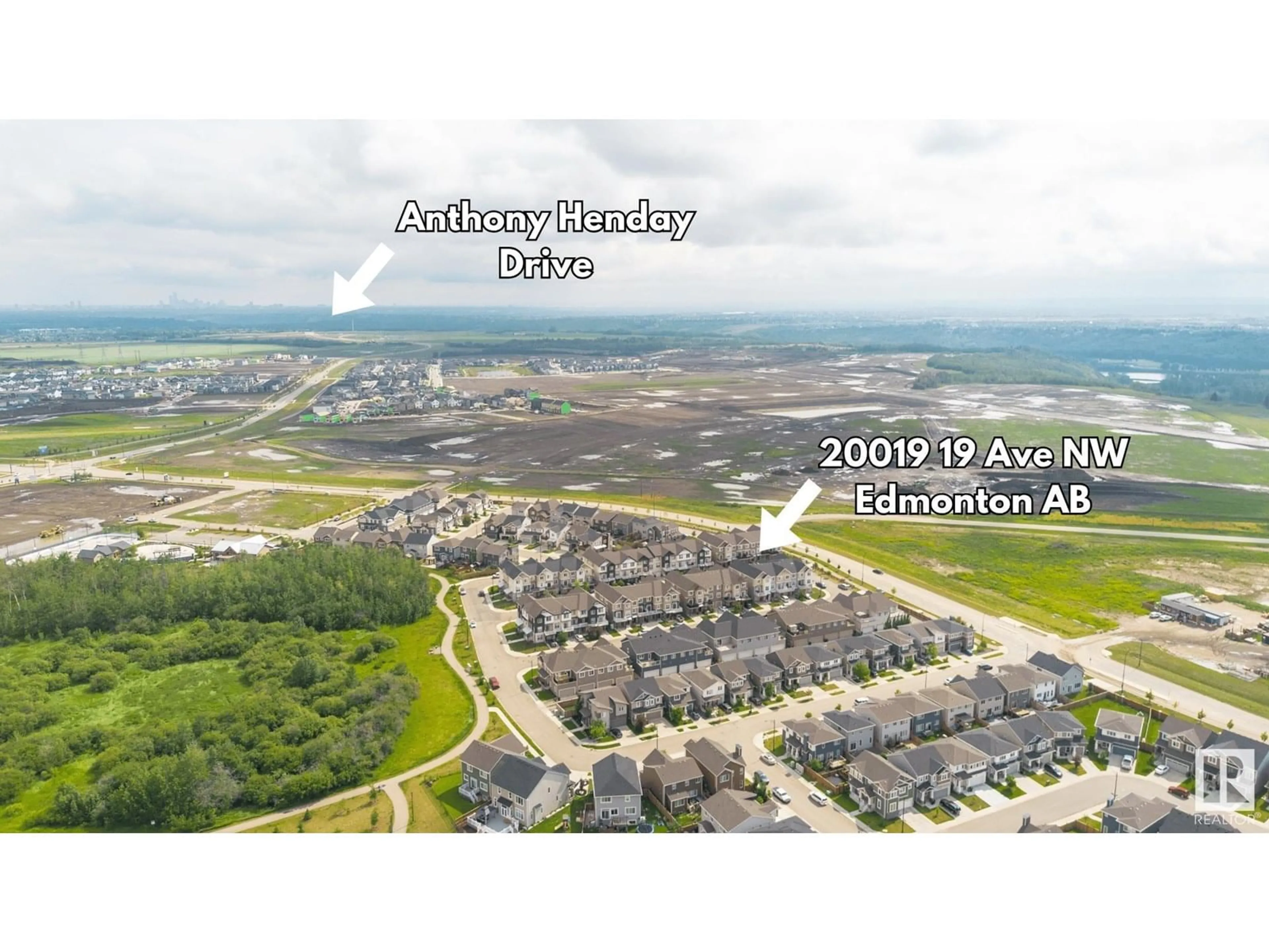 A pic from outside/outdoor area/front of a property/back of a property/a pic from drone, water/lake/river/ocean view for 20019 19 AV, Edmonton Alberta T6M0X8