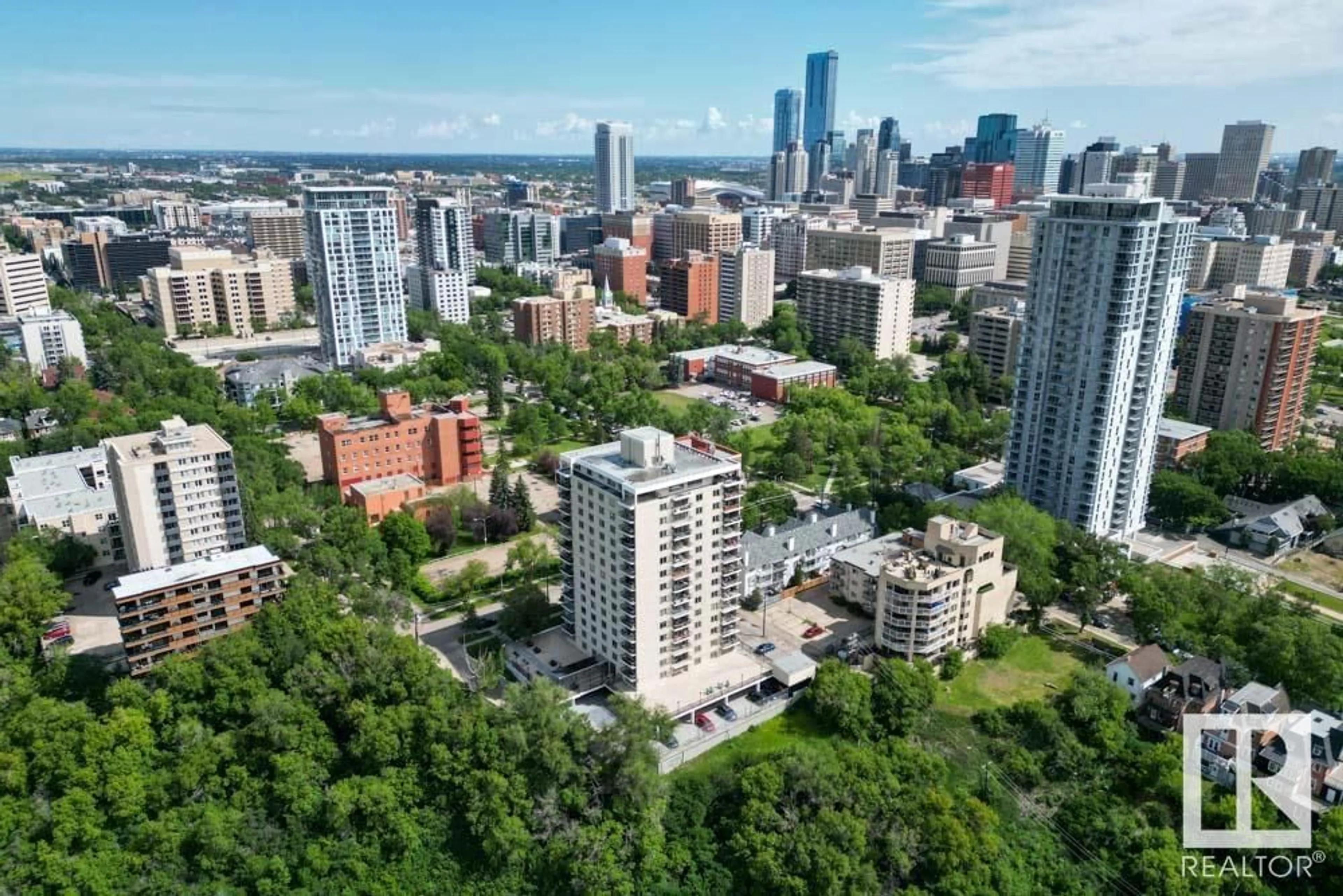 A pic from outside/outdoor area/front of a property/back of a property/a pic from drone, city buildings view from balcony for 1203 112 ST, Edmonton Alberta T5K1L3