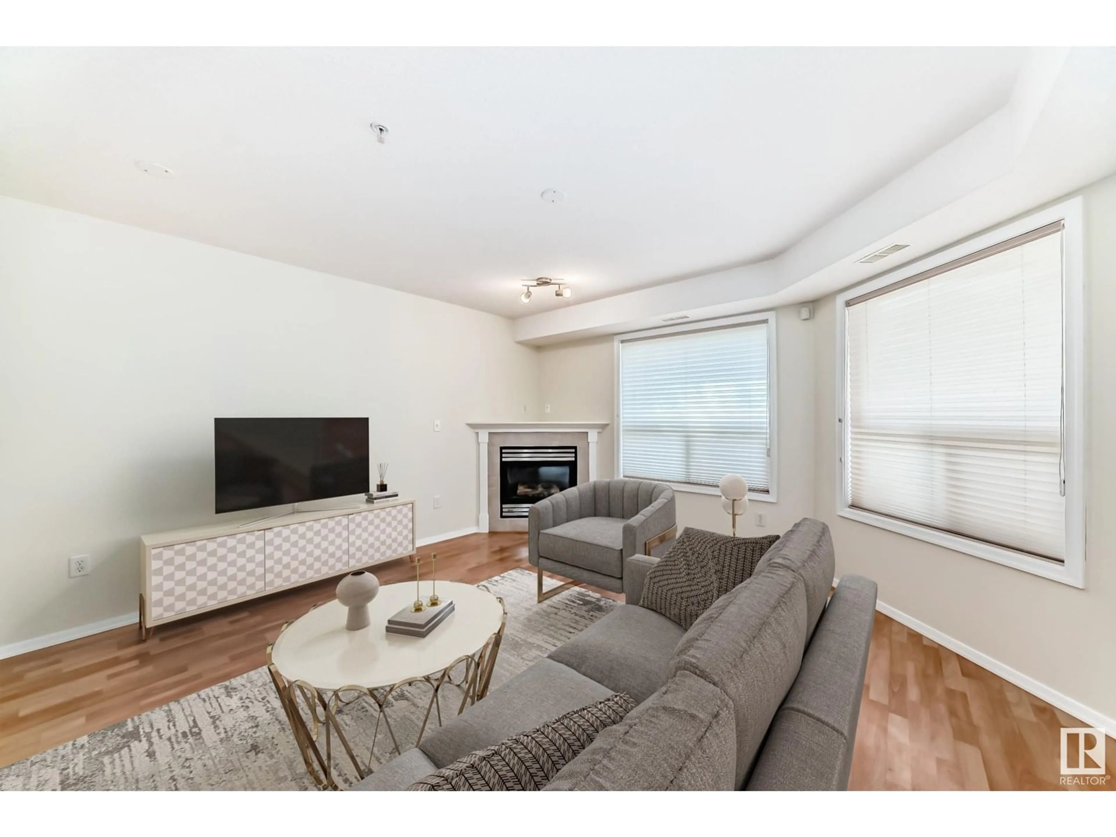 Living room with furniture, wood/laminate floor for #102 - 9008 99 AV, Edmonton Alberta T5H4M6