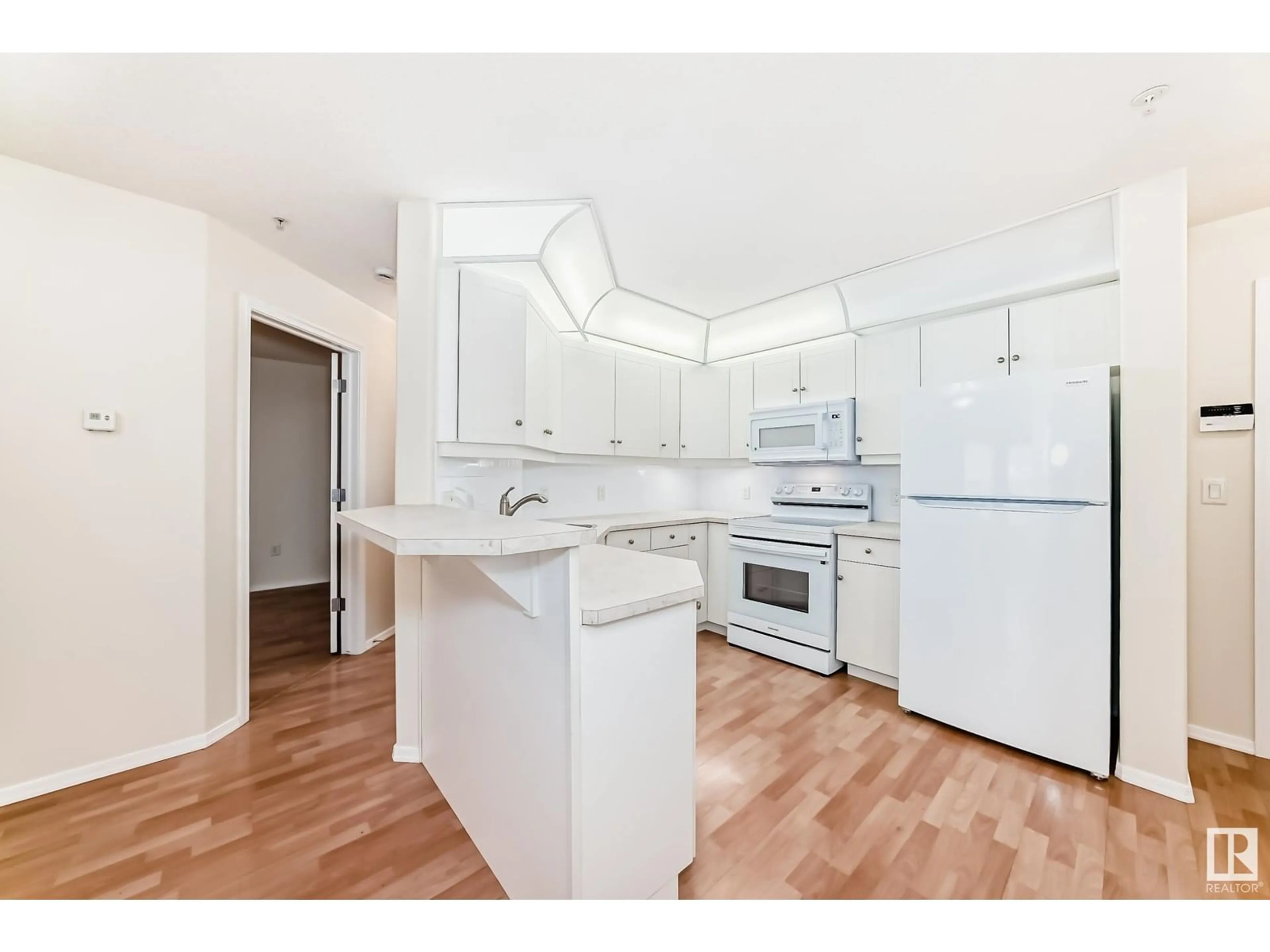 Open concept kitchen, wood/laminate floor for #102 - 9008 99 AV, Edmonton Alberta T5H4M6