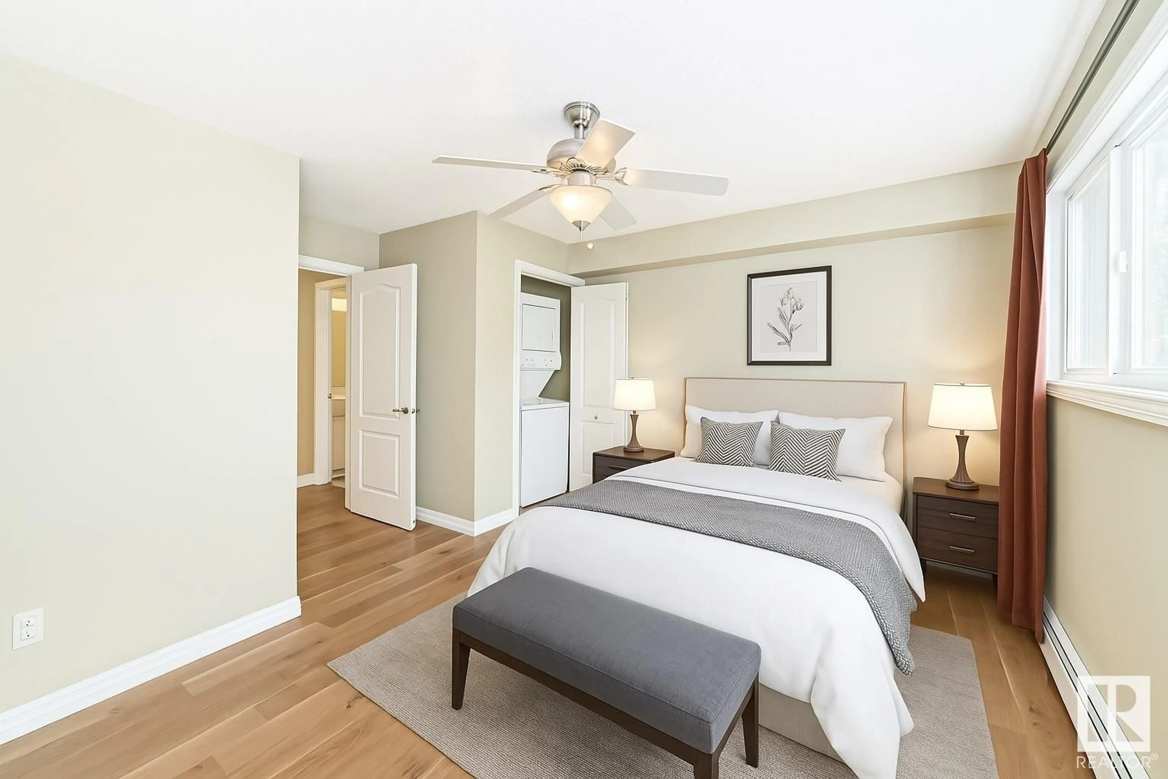 Bedroom with bed, wood/laminate floor for 105 - 10547 83 AV, Edmonton Alberta T6E2E1