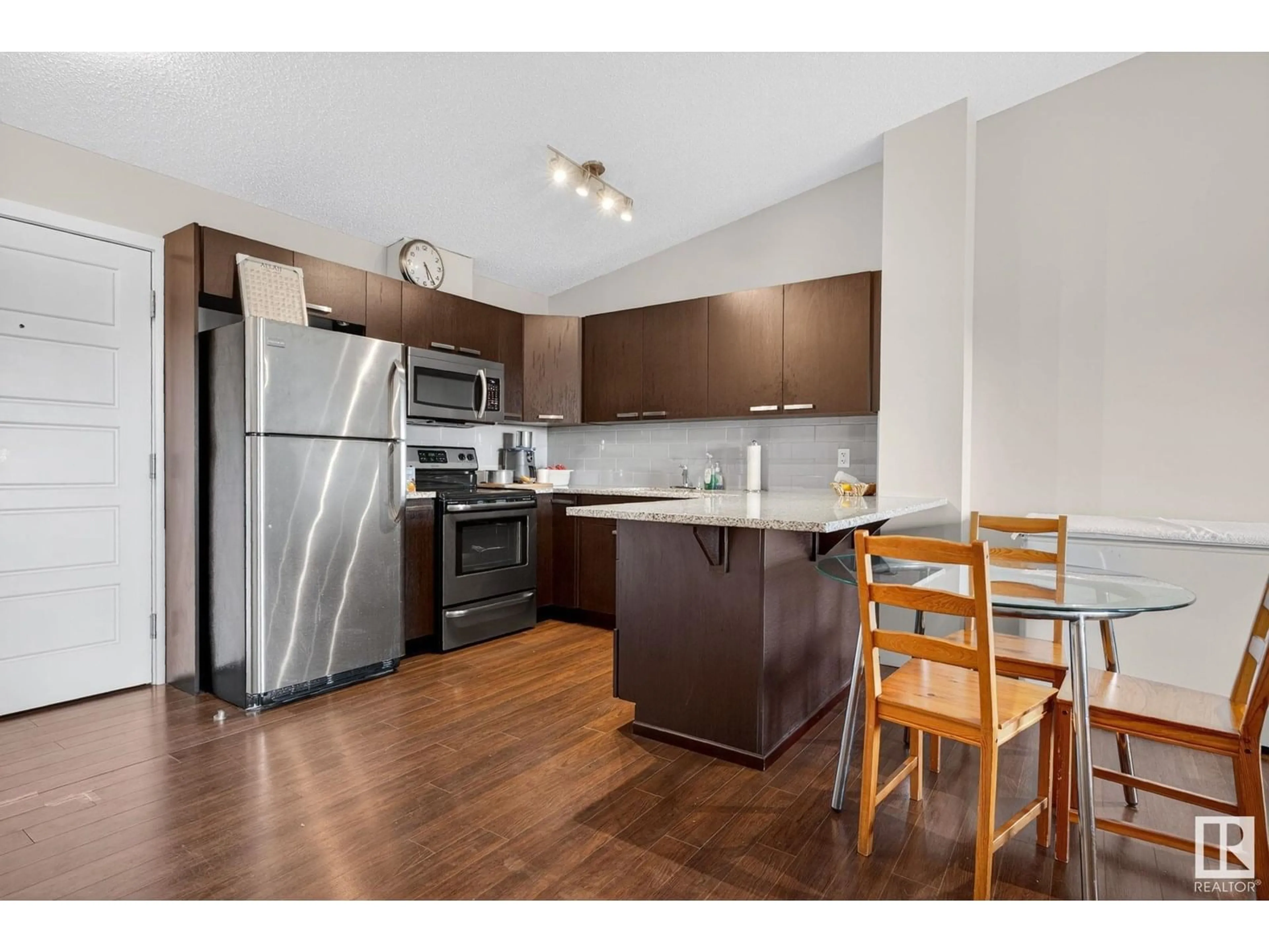 Standard kitchen, wood/laminate floor for #402 - 14808 125 ST NW, Edmonton Alberta T5X0G1