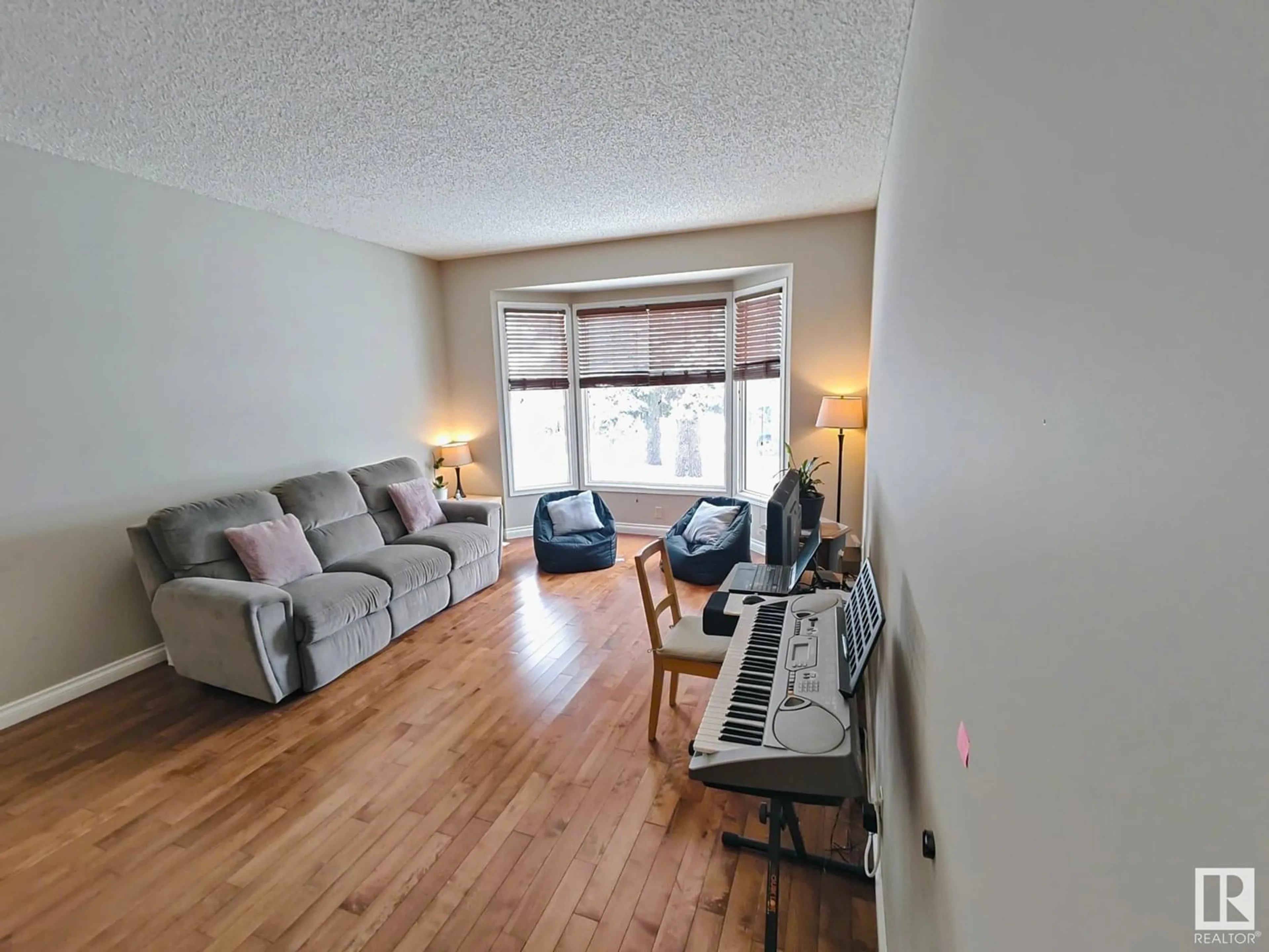 Living room with furniture, wood/laminate floor for 10420 18 AV, Edmonton Alberta T6J4Z7