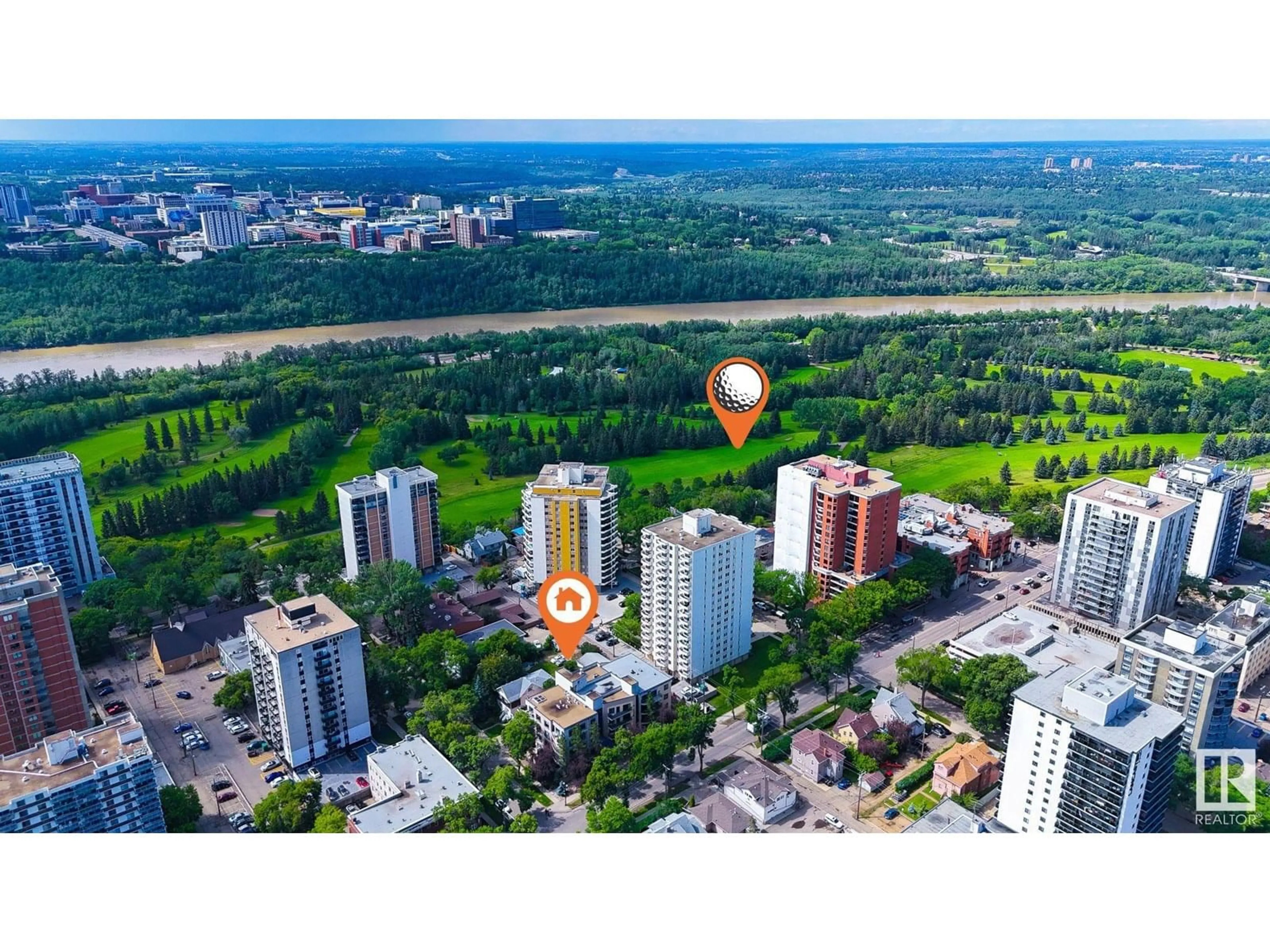 A pic from outside/outdoor area/front of a property/back of a property/a pic from drone, city buildings view from balcony for 105 - 11415 100 AV, Edmonton Alberta T5K0J5