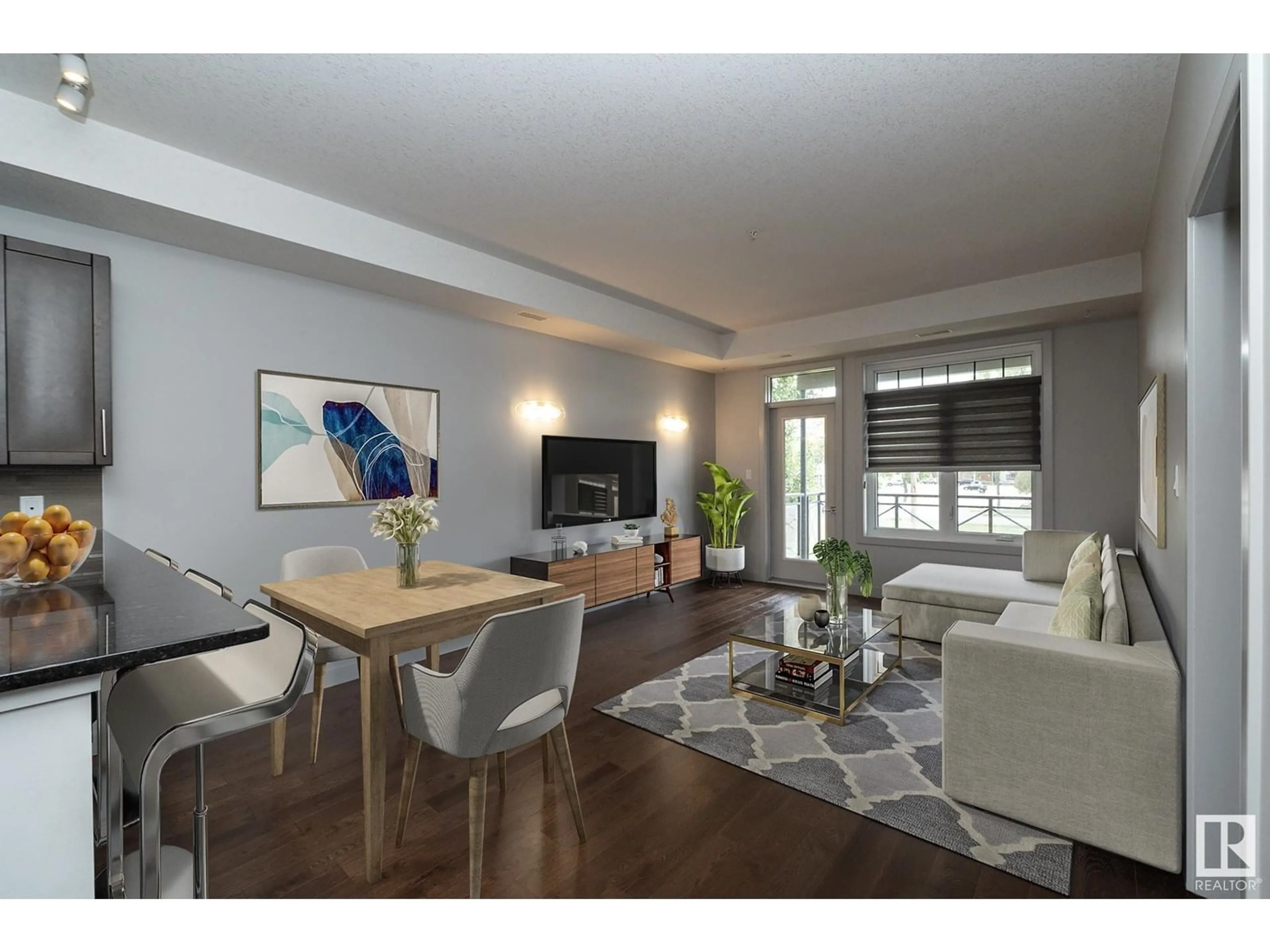 Living room with furniture, wood/laminate floor for #213 - 10811 72 AV, Edmonton Alberta T6E1A4