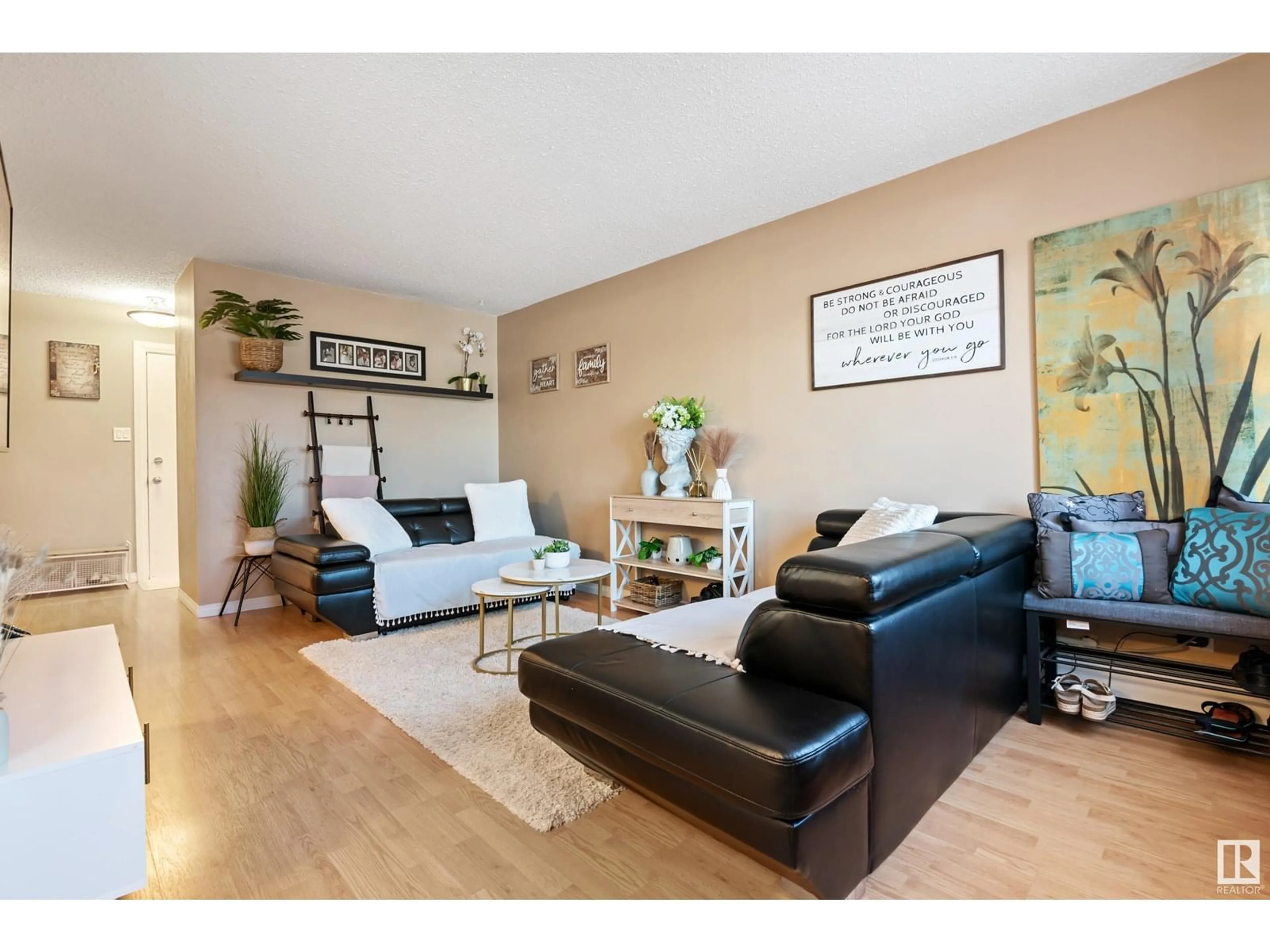 Living room with furniture, wood/laminate floor for #14 - 18315 89 AV, Edmonton Alberta T5T1X2