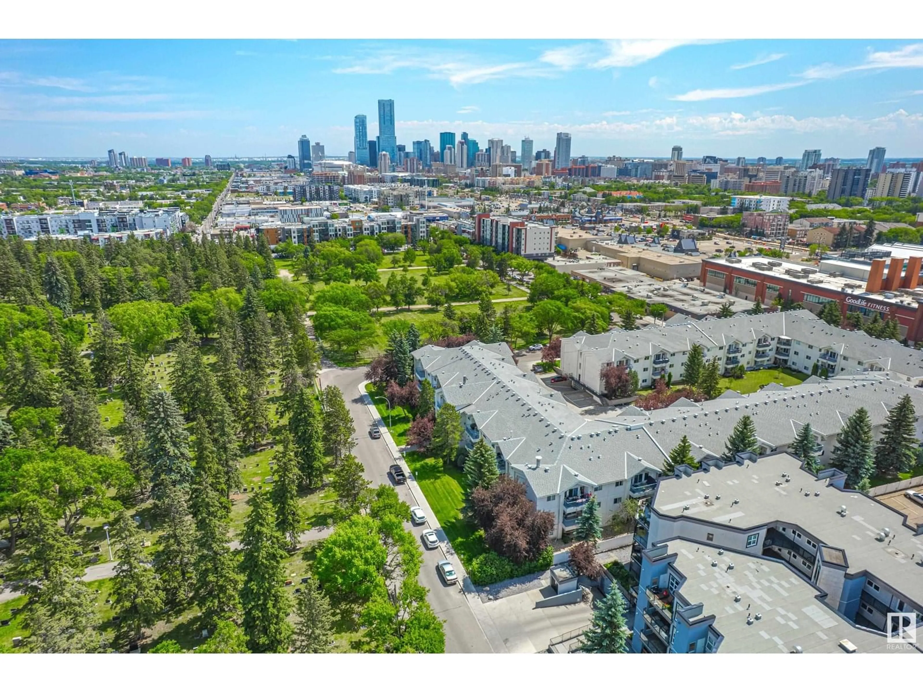 A pic from outside/outdoor area/front of a property/back of a property/a pic from drone, city buildings view from balcony for 207 - 11915 106 AV NW, Edmonton Alberta T5H0S2
