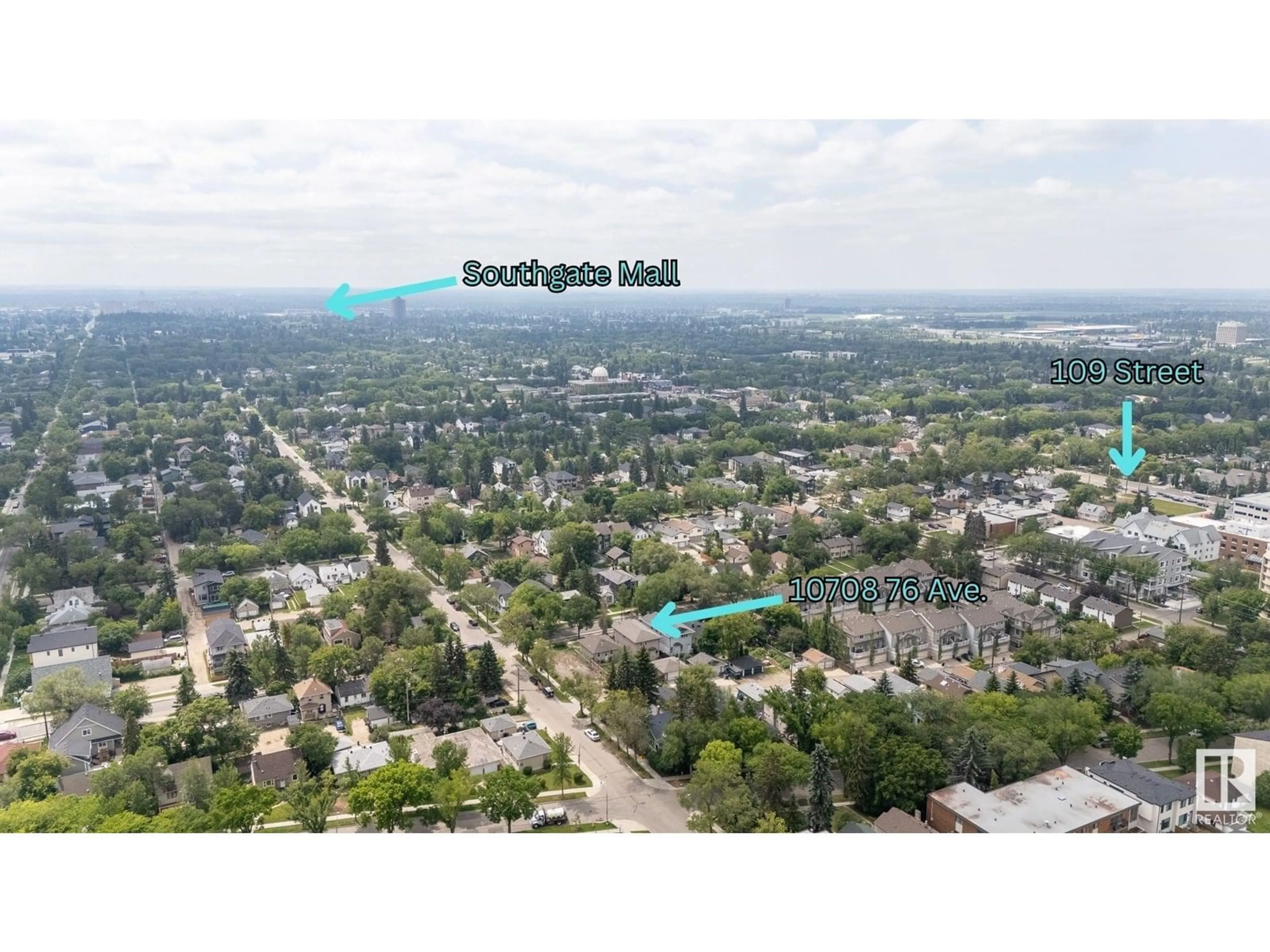 A pic from outside/outdoor area/front of a property/back of a property/a pic from drone, mountain view for 10708 76 AV, Edmonton Alberta T6E1L7