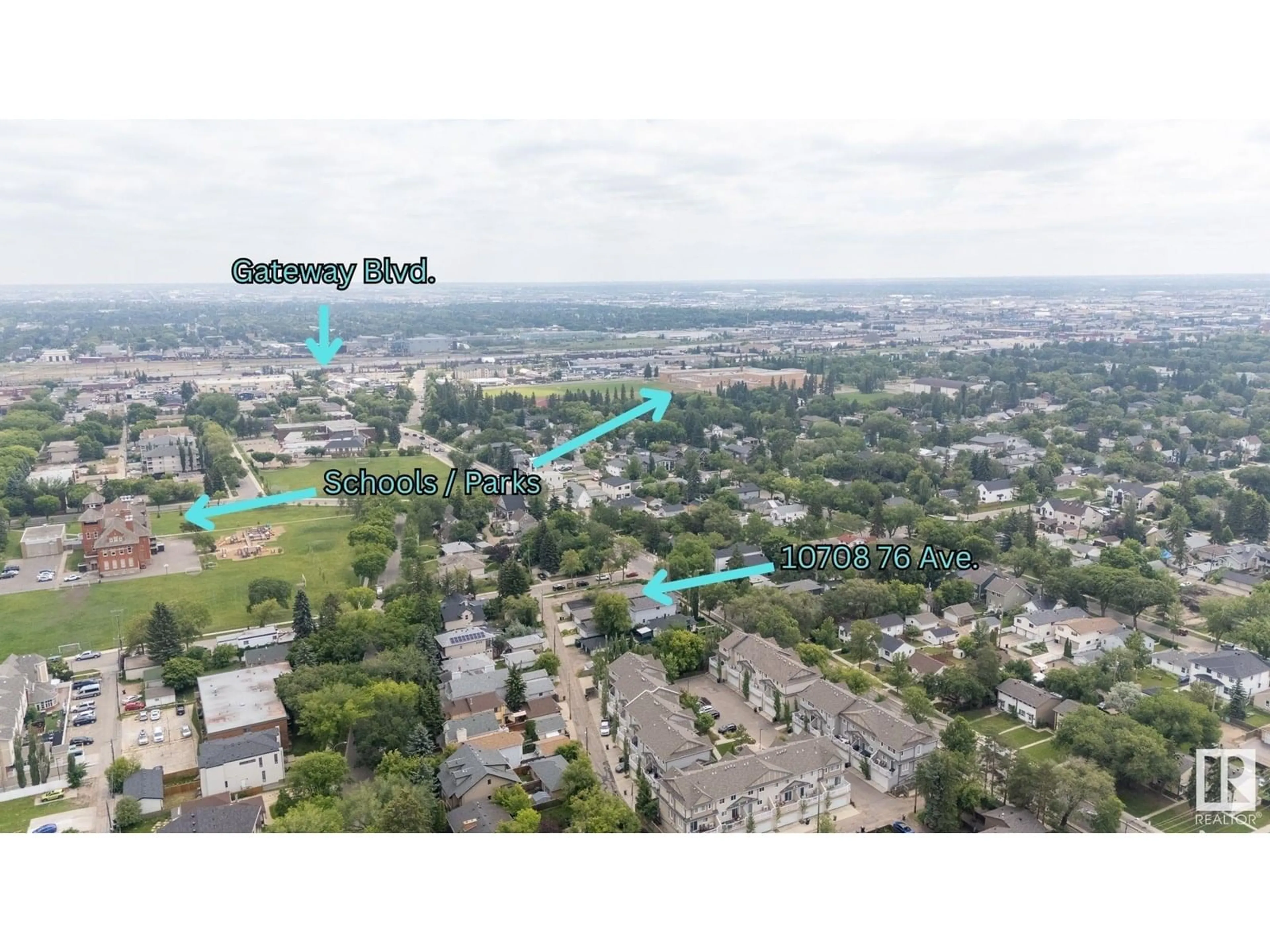 A pic from outside/outdoor area/front of a property/back of a property/a pic from drone, city buildings view from balcony for 10708 76 AV, Edmonton Alberta T6E1L7