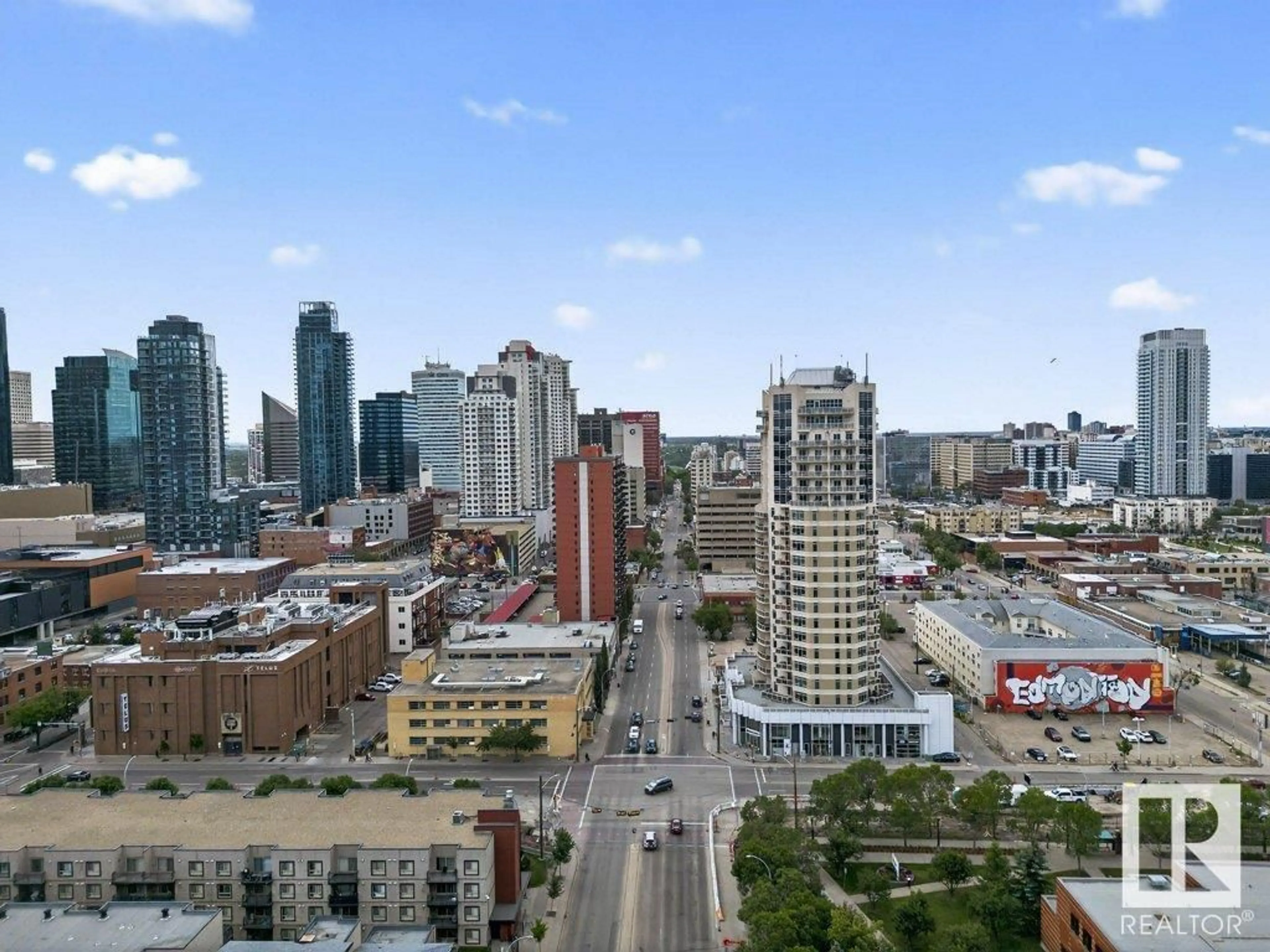 A pic from outside/outdoor area/front of a property/back of a property/a pic from drone, city buildings view from balcony for 310 - 10355 105 ST NW, Edmonton Alberta T5J1E8